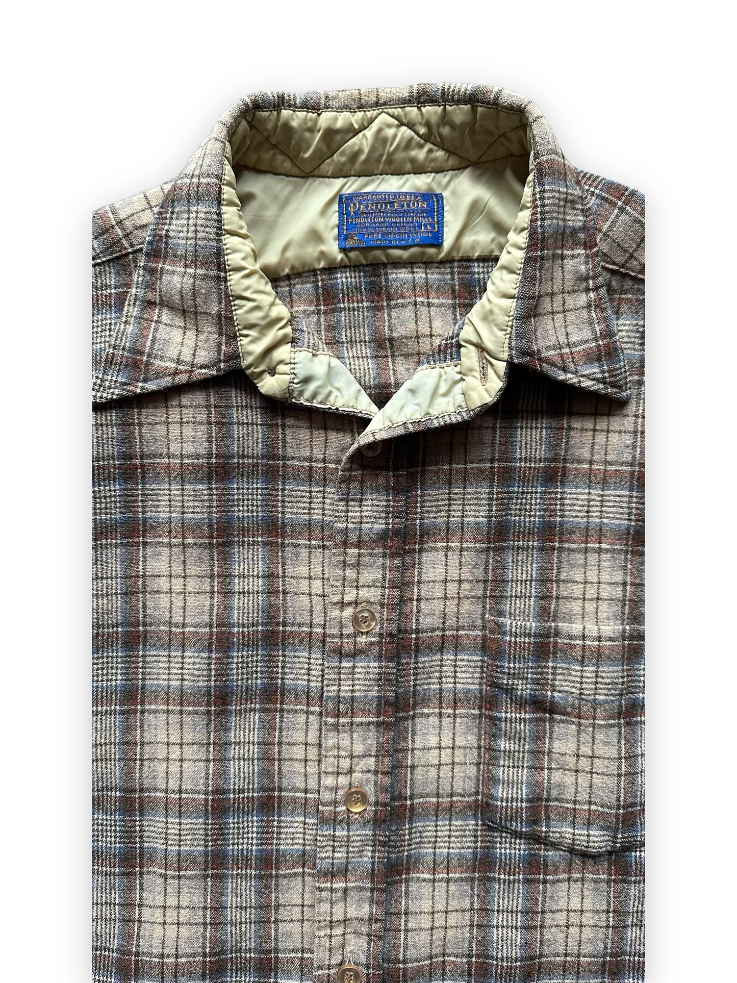 Tag View on Vintage Pendleton Wool Flannel Shirt SZ L |  Vintage Wool Workwear Seattle | Barn Owl Vintage