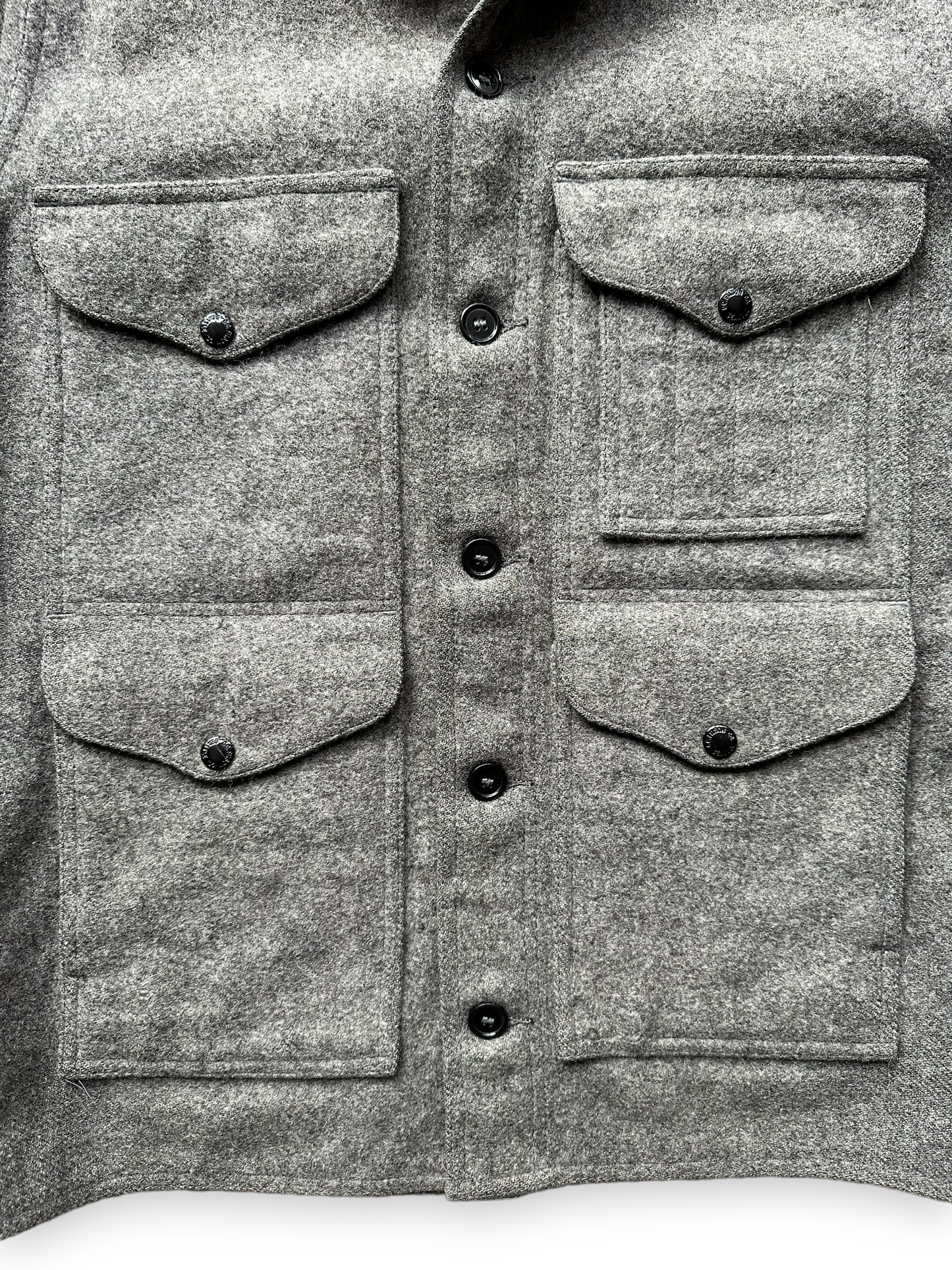 Front Pocket Detail on Vintage Filson Grey Mackinaw Cruiser SZ 38 |  Barn Owl Vintage Goods | Vintage Workwear Seattle