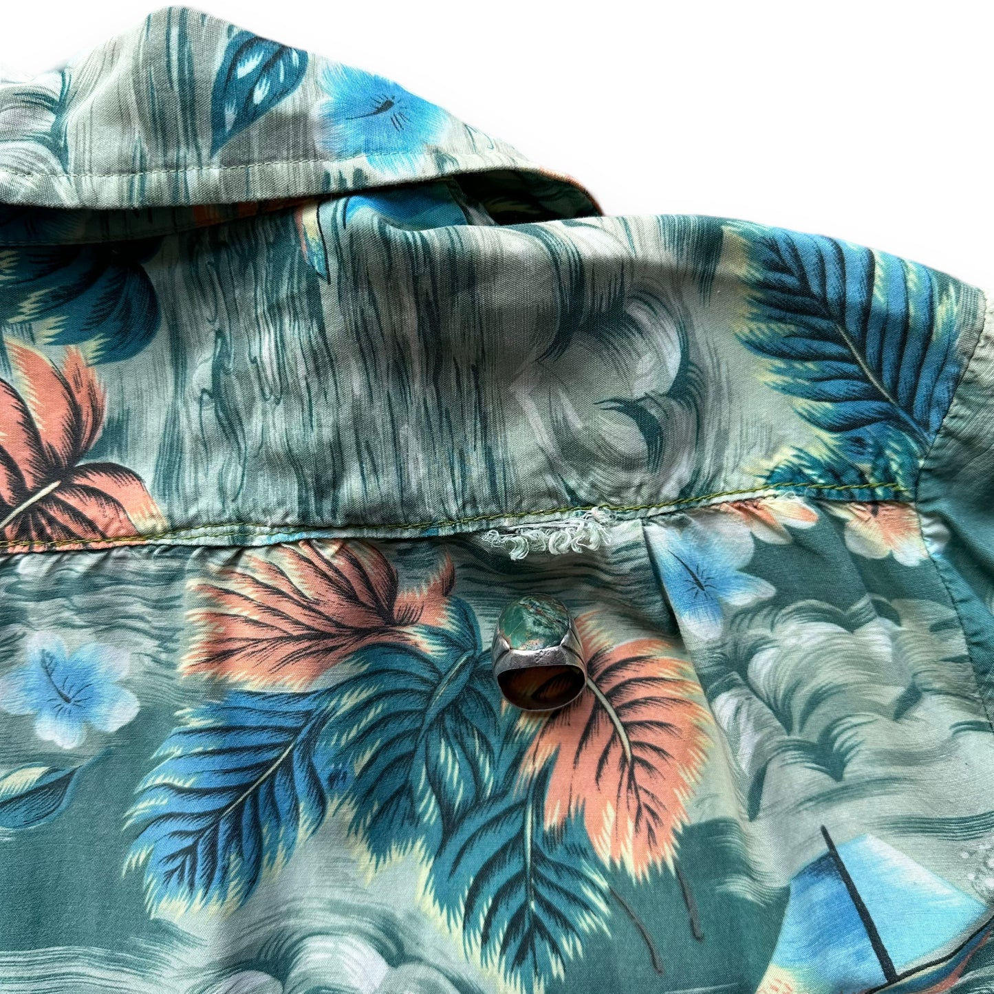 Small Hole on Shoulder Seam of Vintage Muted Green Hawaiian Holiday Rayon Shirt AS IS SZ M | Seattle Vintage Rayon Hawaiian Shirt | Barn Owl Vintage Clothing Seattle