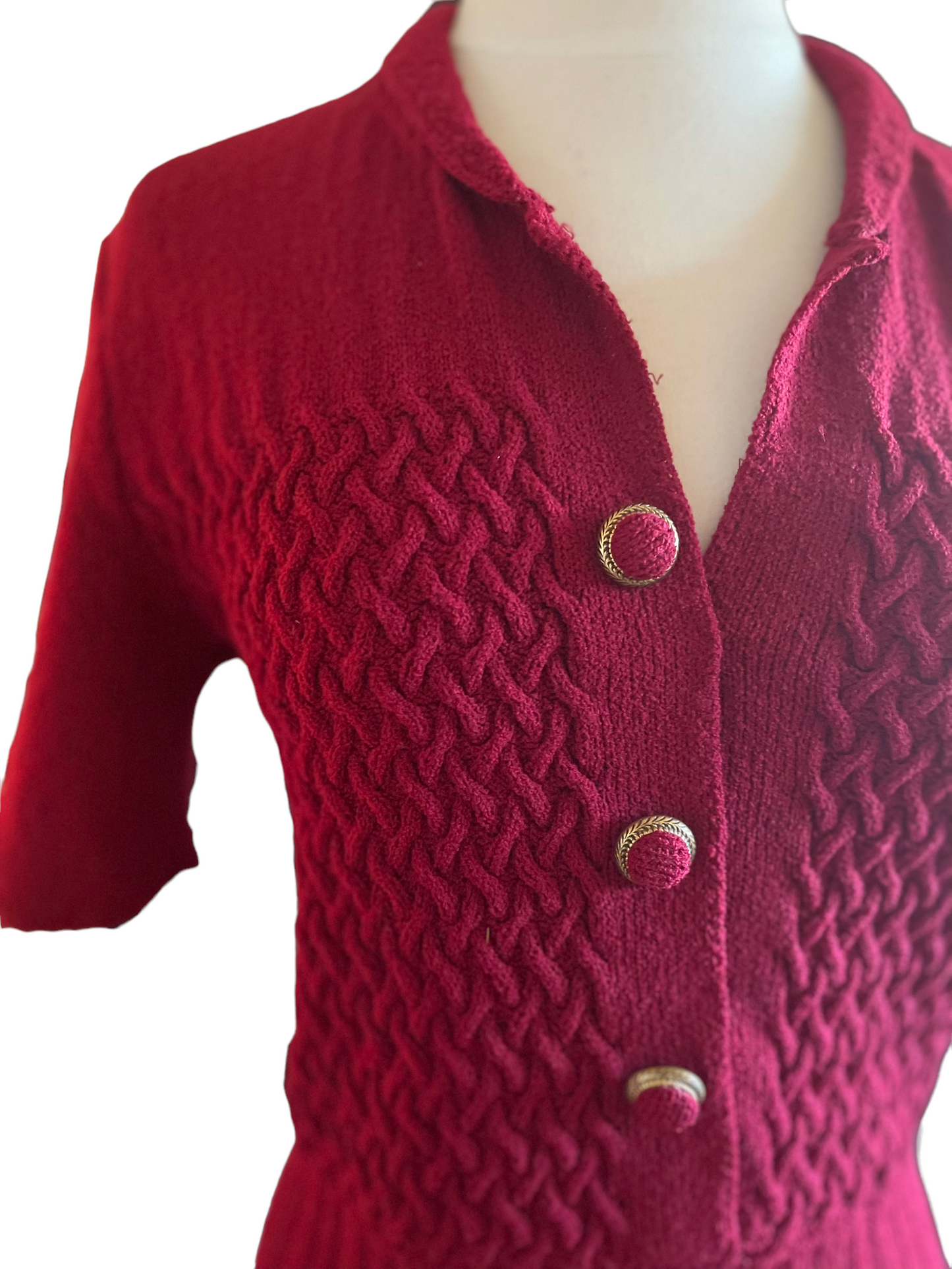 Vintage 1940s Hand-Knit Red Dress SZ S |  Barn Owl Vintage | Seattle Vintage Dresses Right shoulder view.