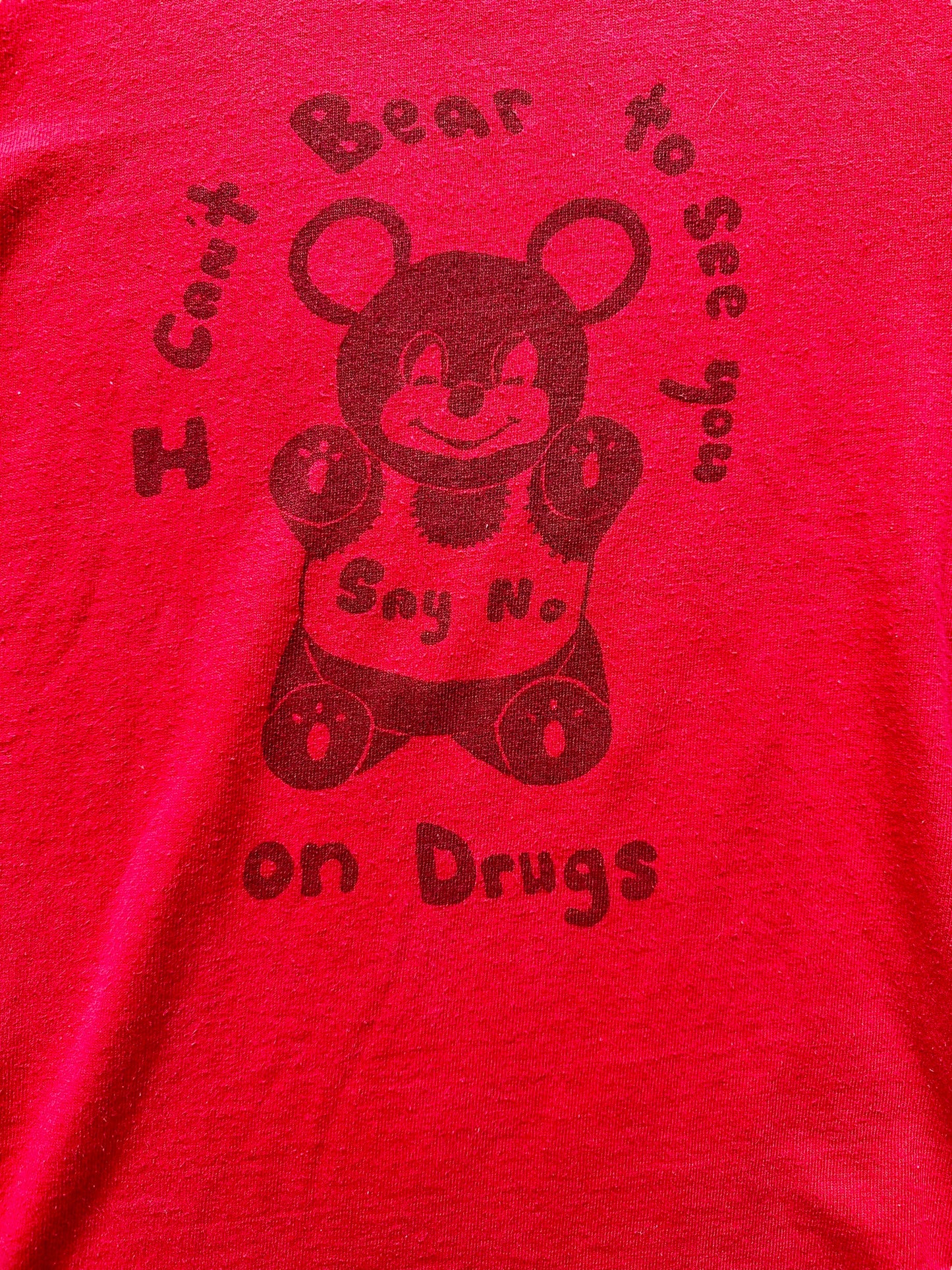 Front Graphic Detail on Vintage I Can't Bear To See You On Drugs Graphic Tee SZ S |  Vintage Champion Tee Seattle | Barn Owl Vintage