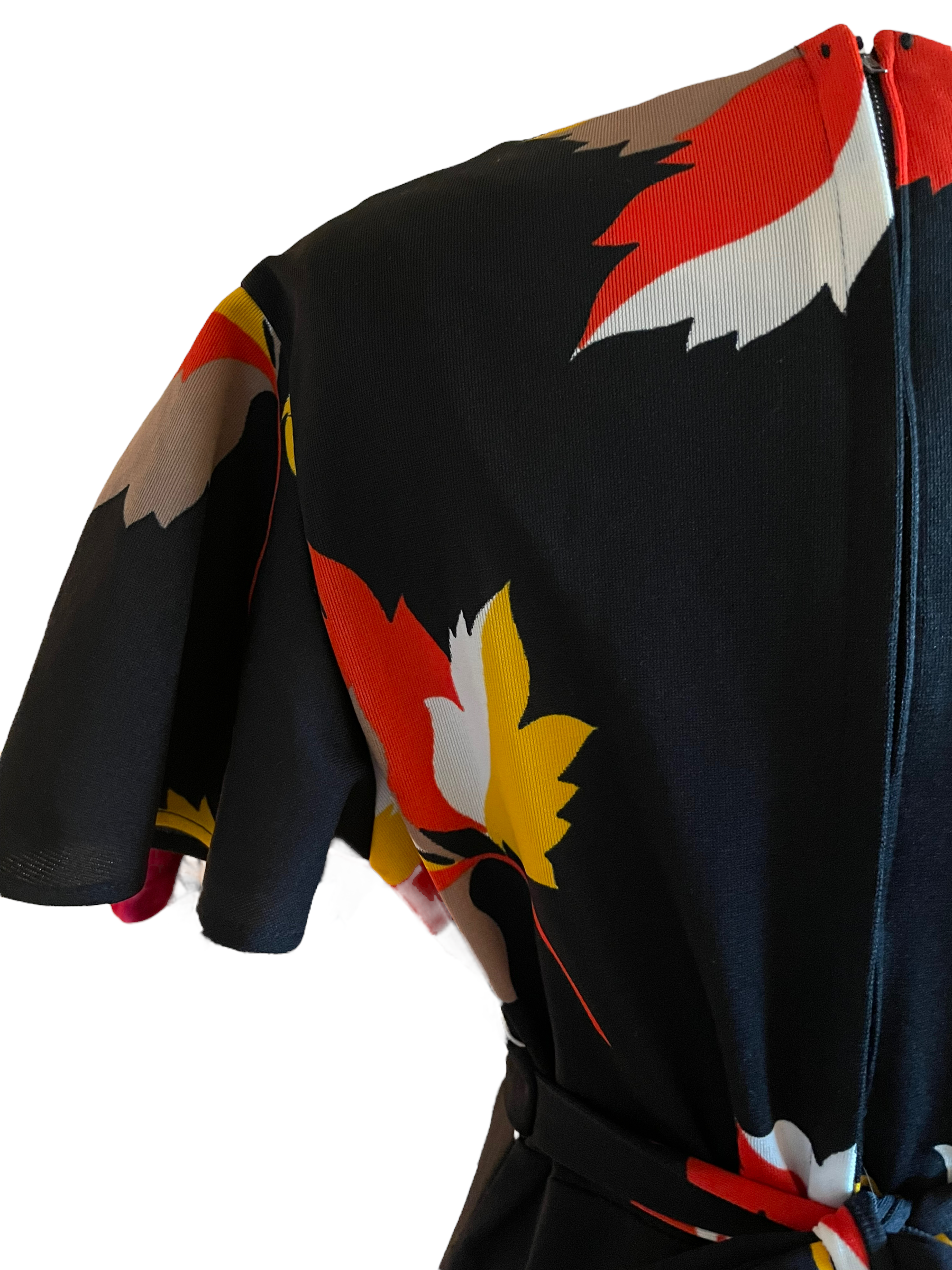 Vintage 1960s Fall Leaves Maxi Dress |  Barn Owl Vintage | Seattle Vintage Dresses Back left shoulder view.