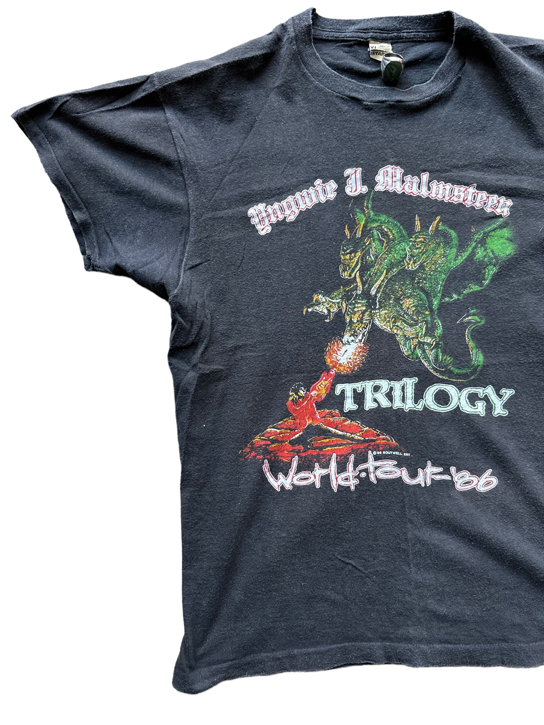 Right Front Side View of Vintage Yngwie Malmsteen Trilogy World Tour Shirt Size XLarge | Vintage Metal Rock Tee | Barn Owl Vintage Seattle
