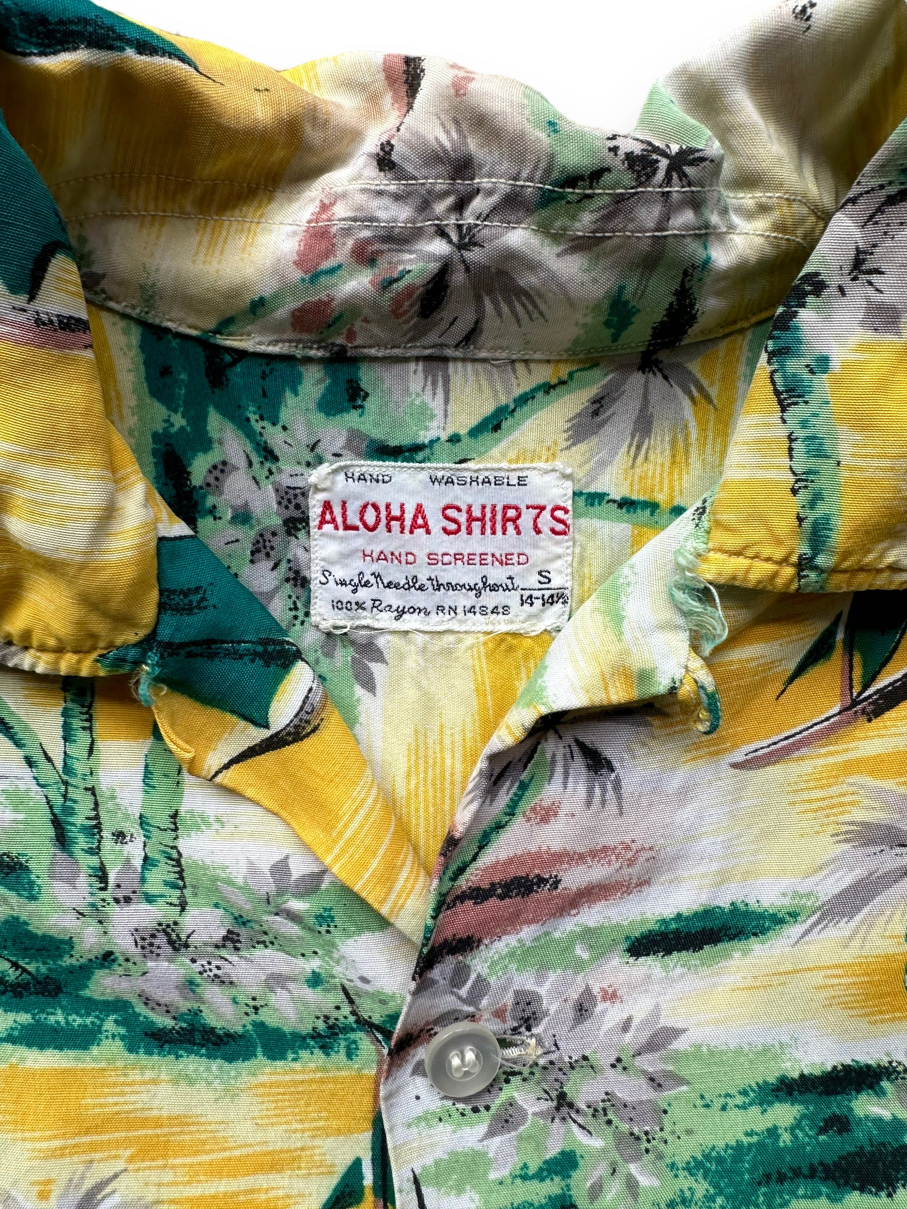 Close Up Tag View of Vintage Yellow Aloha Rayon Shirt SZ S | Seattle Vintage Rayon Hawaiian Shirt | Barn Owl Vintage Clothing Seattle