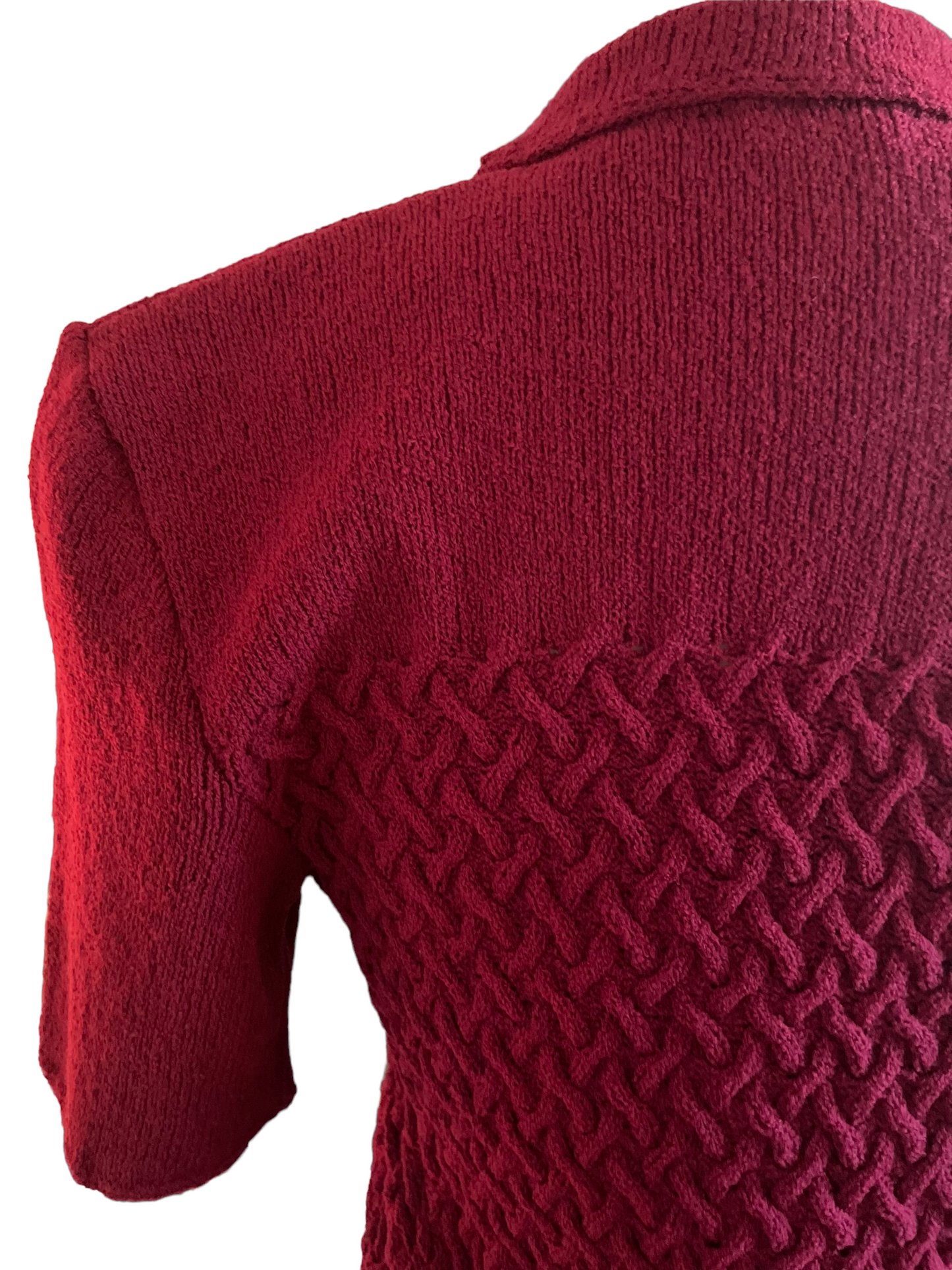 Vintage 1940s Hand-Knit Red Dress SZ S |  Barn Owl Vintage | Seattle Vintage Dresses Left back shoulder view.
