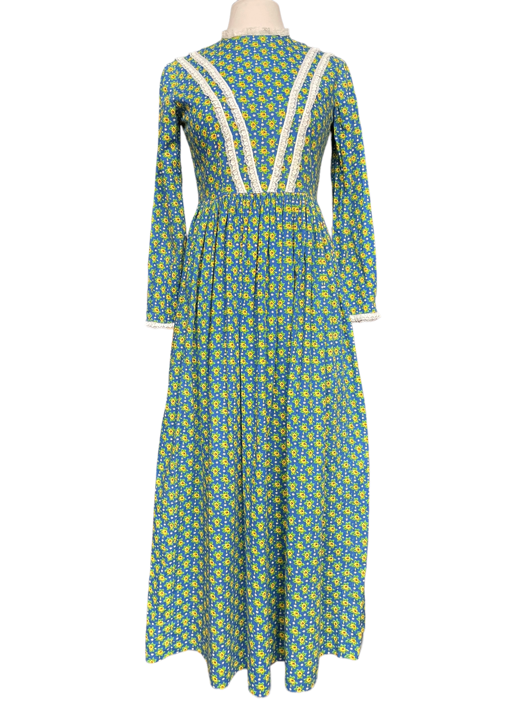 Full front view of Vintage 1970s Prairie Core Maxi Dress SZ S | Barn Owl Seattle | Vintage Ladies Dresses