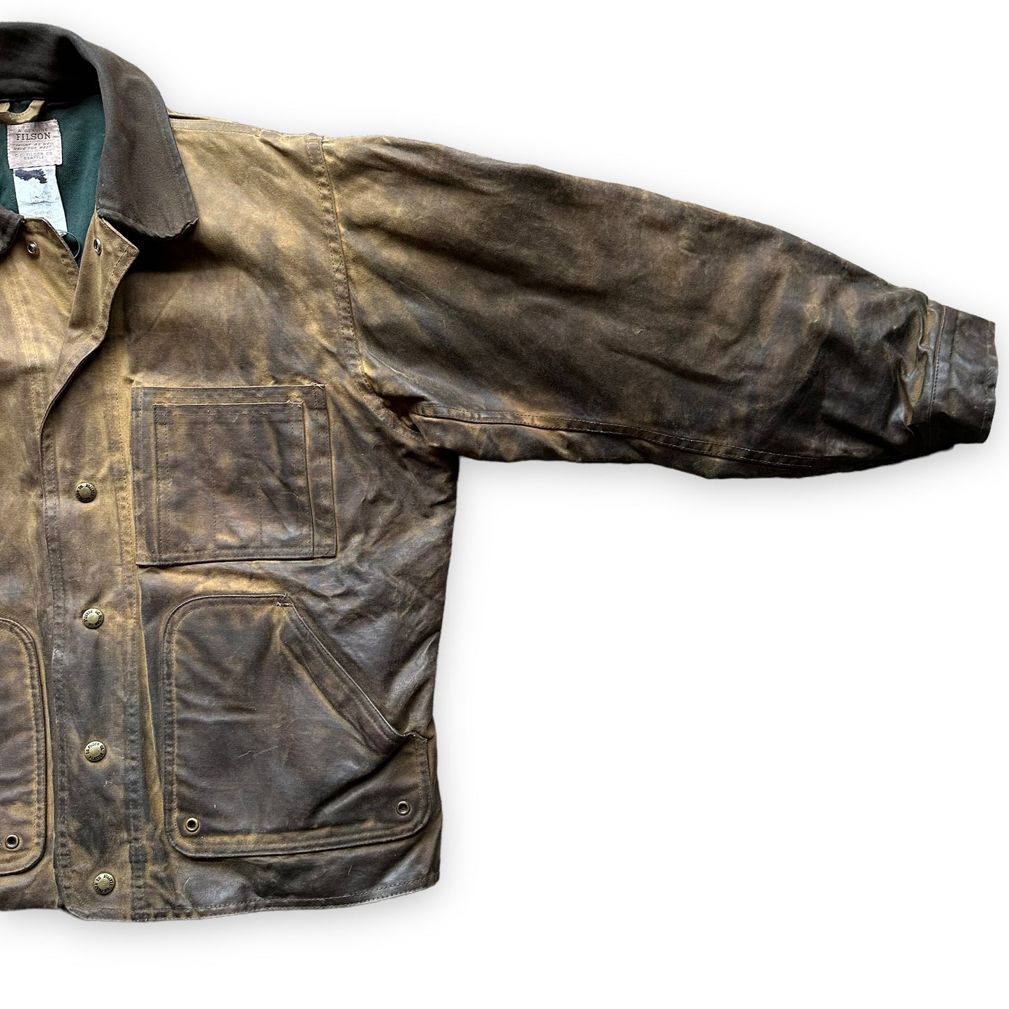 Front Left Sleeve on Vintage Filson Style 621 Lined Tin Cloth Field Jacket Size M |  Barn Owl Vintage Goods | Vintage Filson Tin Cloth Jacket Seattle