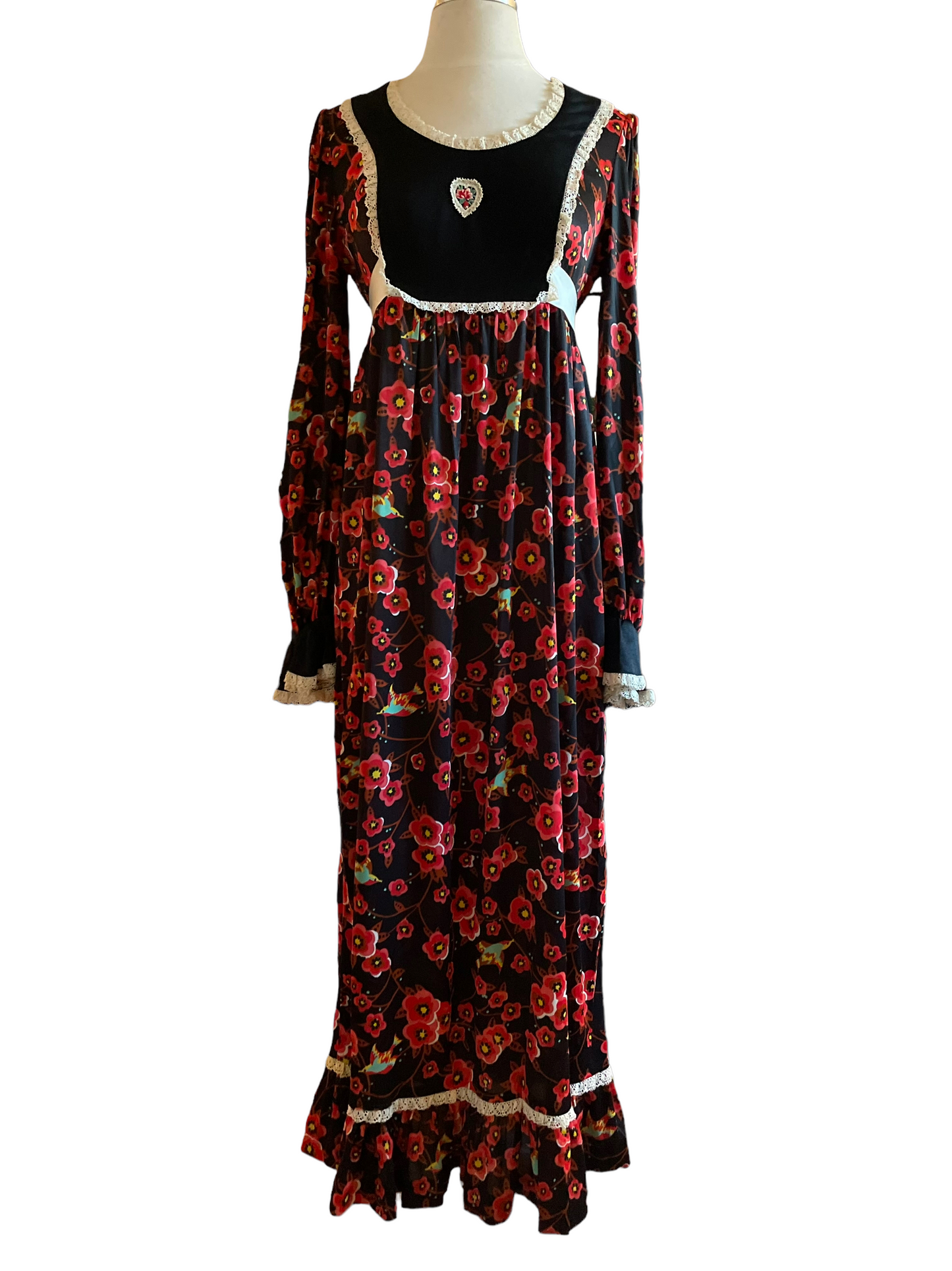 Vintage 1960s Cherry Blossom Maxi Dress SZ S-M |  Barn Owl Vintage | Seattle Vintage Dresses Full front view.