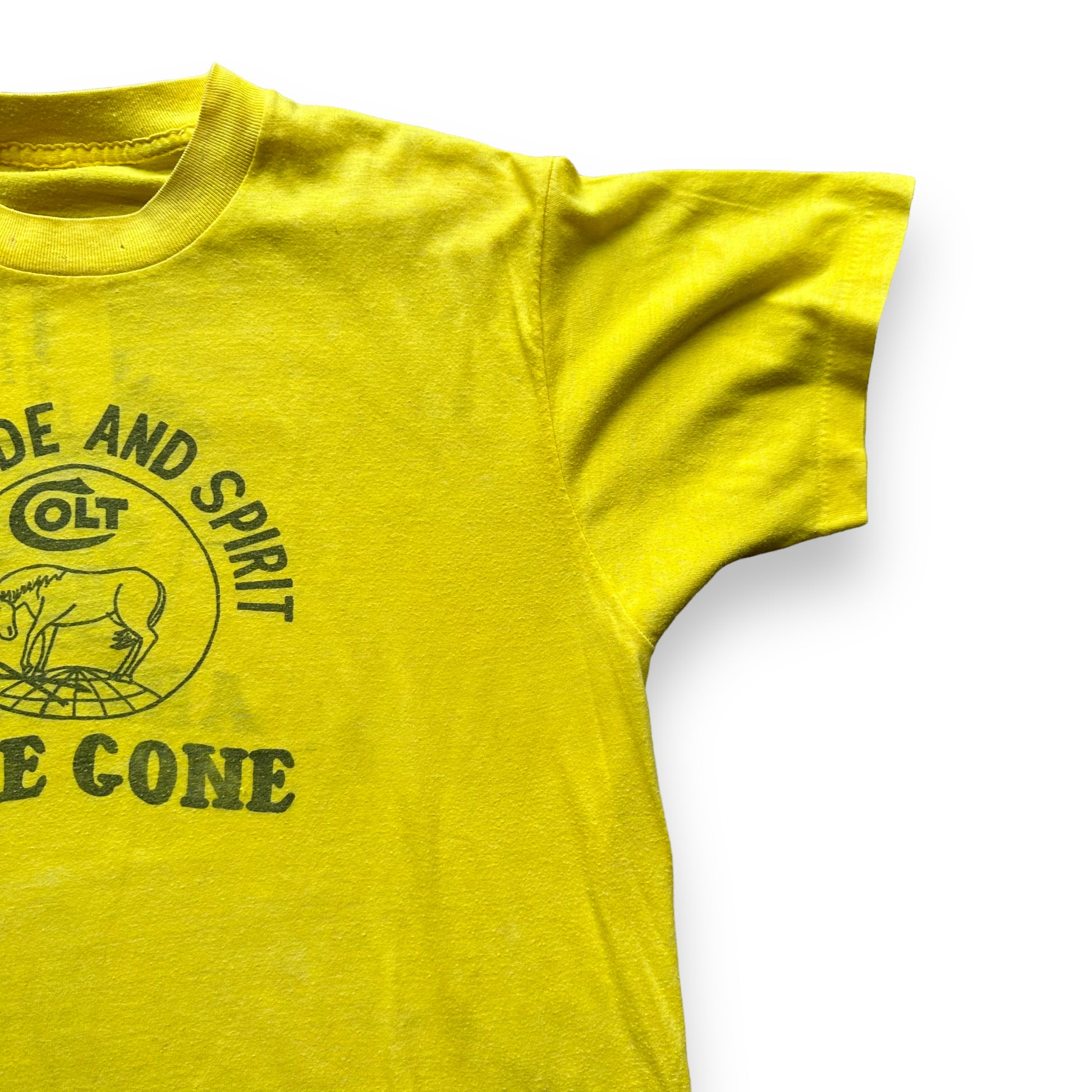 Front Left Sleeve View of Vintage Colt "The Pride and Spirit Are Gone" Tee SZ L | Vintage T-Shirts Seattle | Barn Owl Vintage Tees Seattle