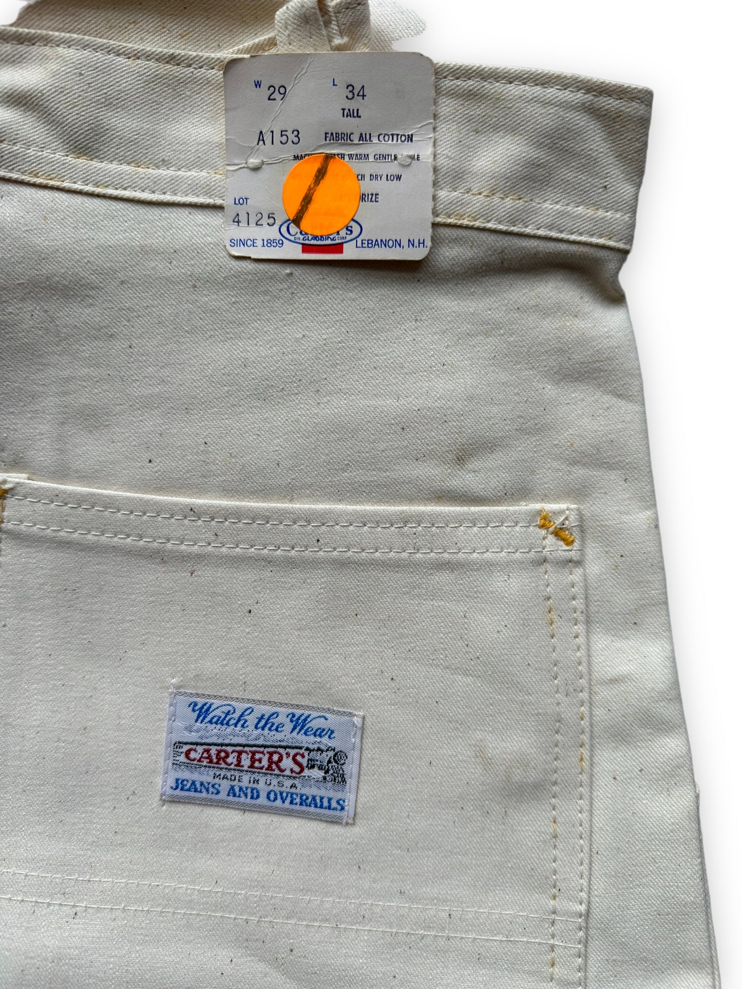 Tag View on NOS Vintage Carter's Ecru Painters Pants W29 L34 | Vintage Workwear Seattle | Barn Owl Vintage Clothing