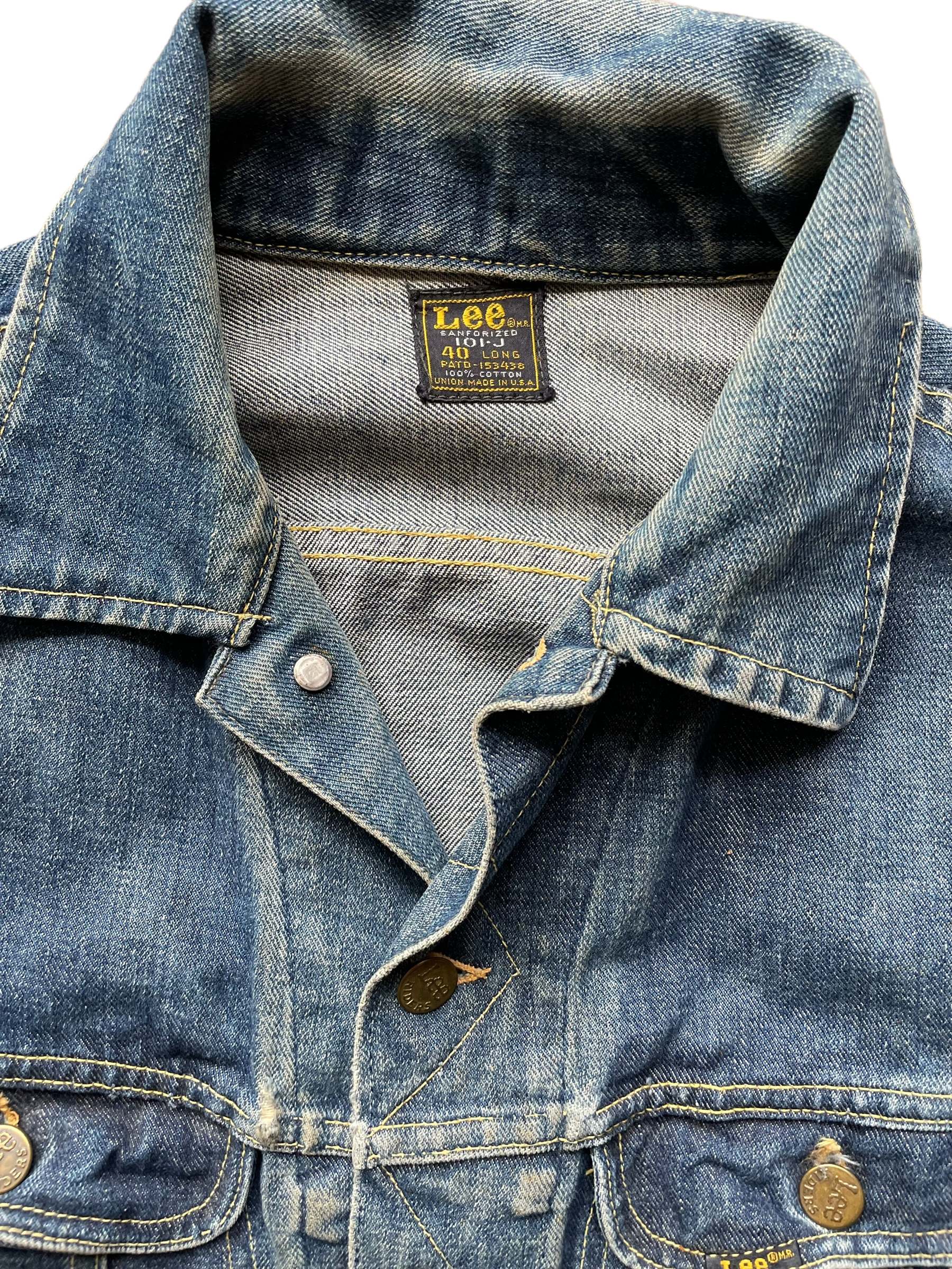 Vintage 70's Lee 101-J Denim Jacket Front view of collar and label