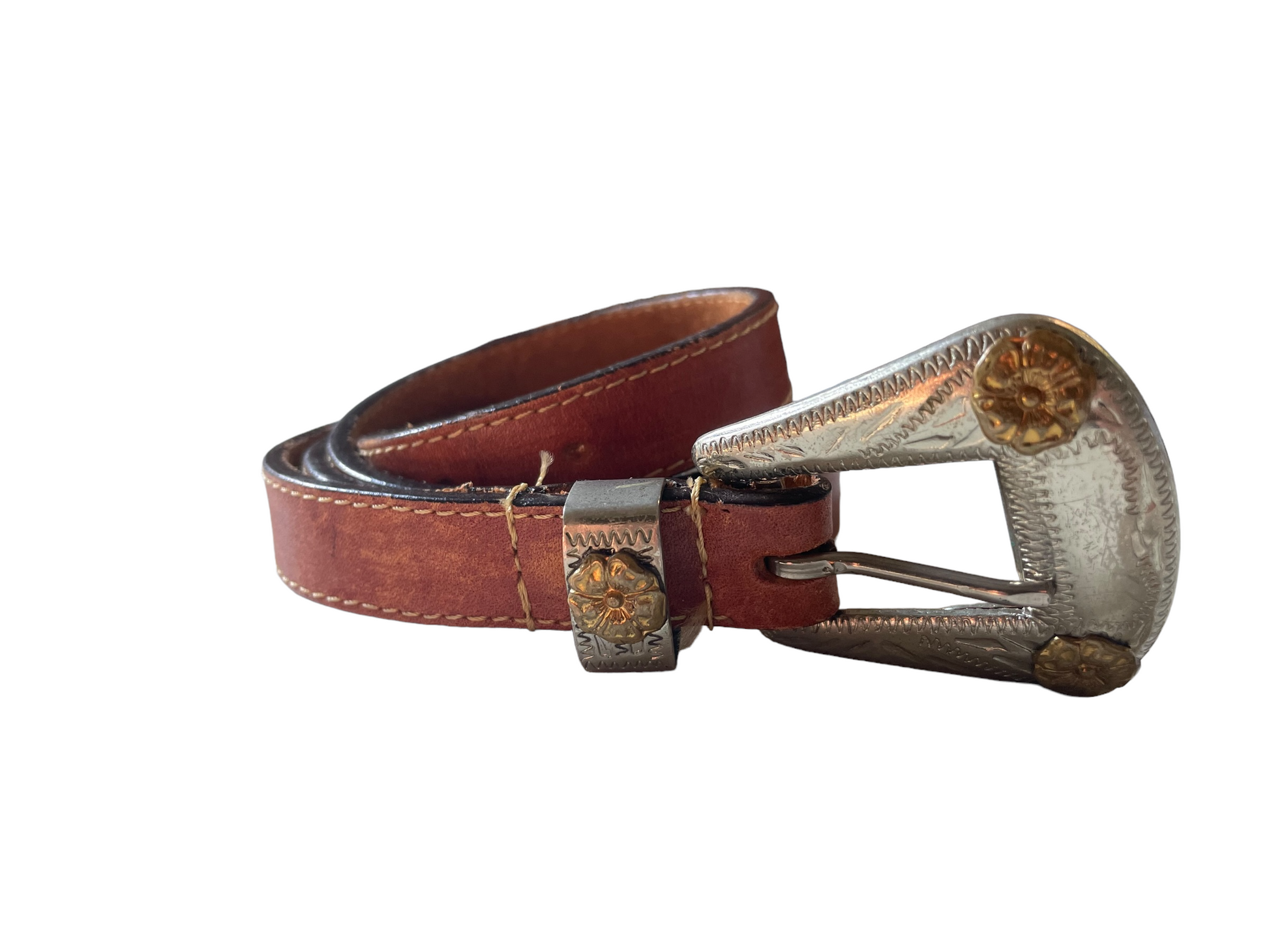 Vintage Leather Belt with Western Buckle View of rolled belt with buckle.