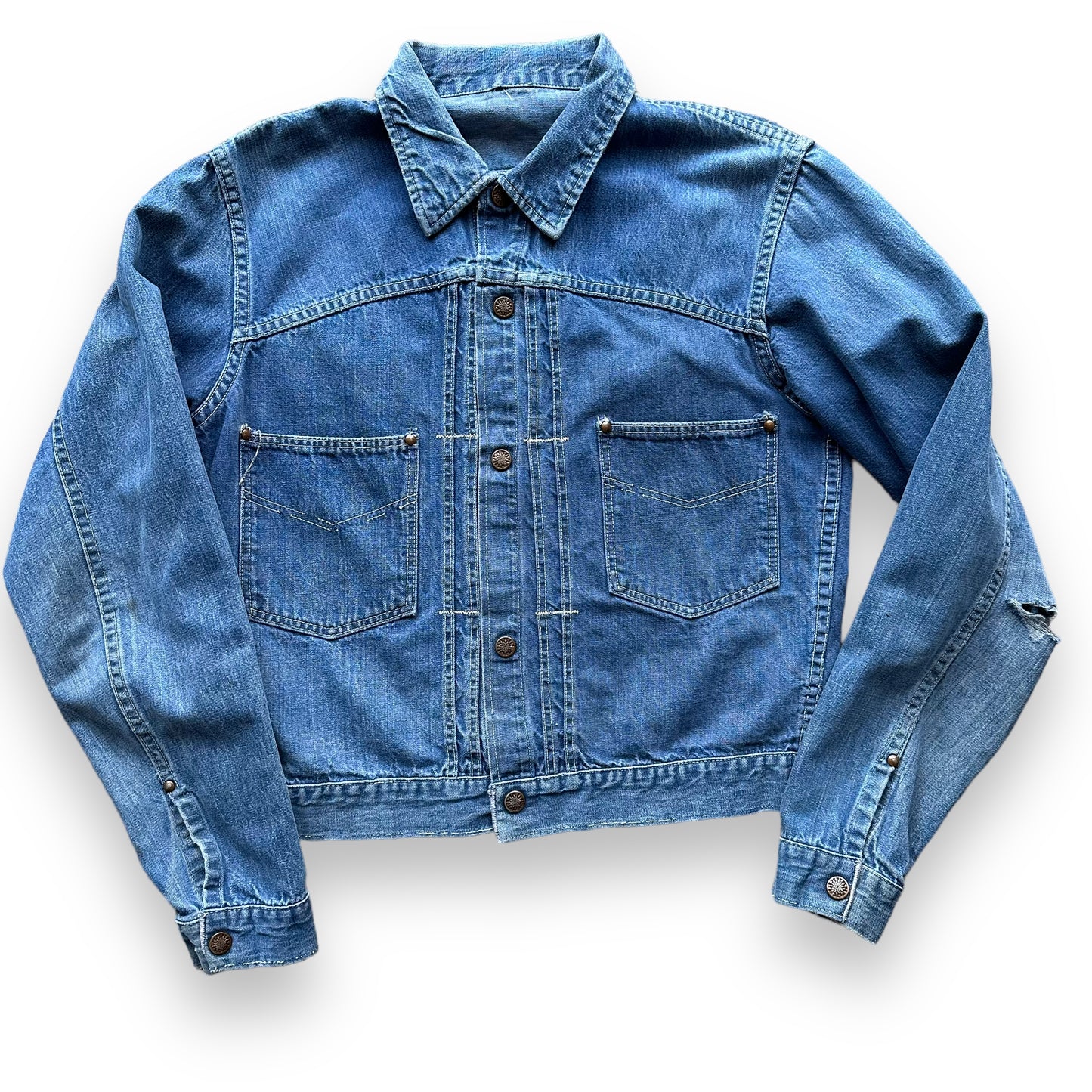 Front View of Vintage Pleated Type II Style Denim Jacket SZ M  | Vintage Denim Workwear Seattle | Seattle Vintage Denim