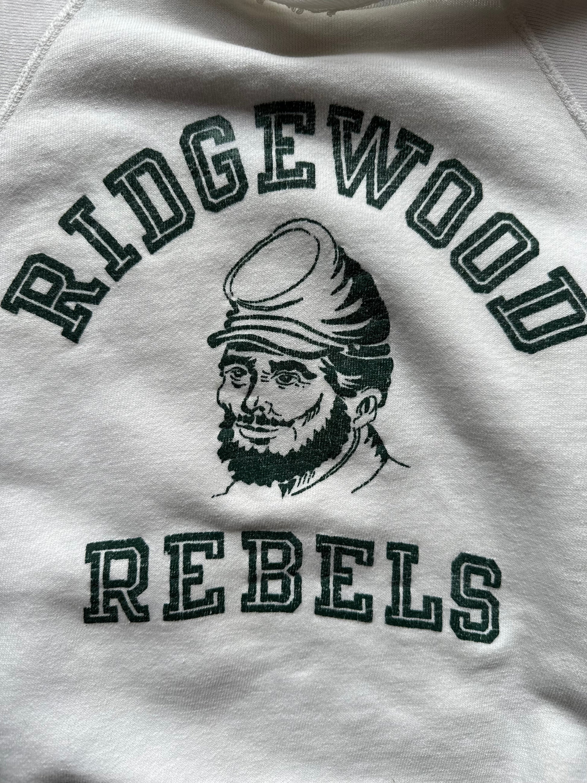 Front Graphic View on Vintage Champion Running Man Ridgewood Rebels Crewneck Sweatshirt | Vintage Champion Sweatshirt Seattle | Barn Owl Vintage Clothing