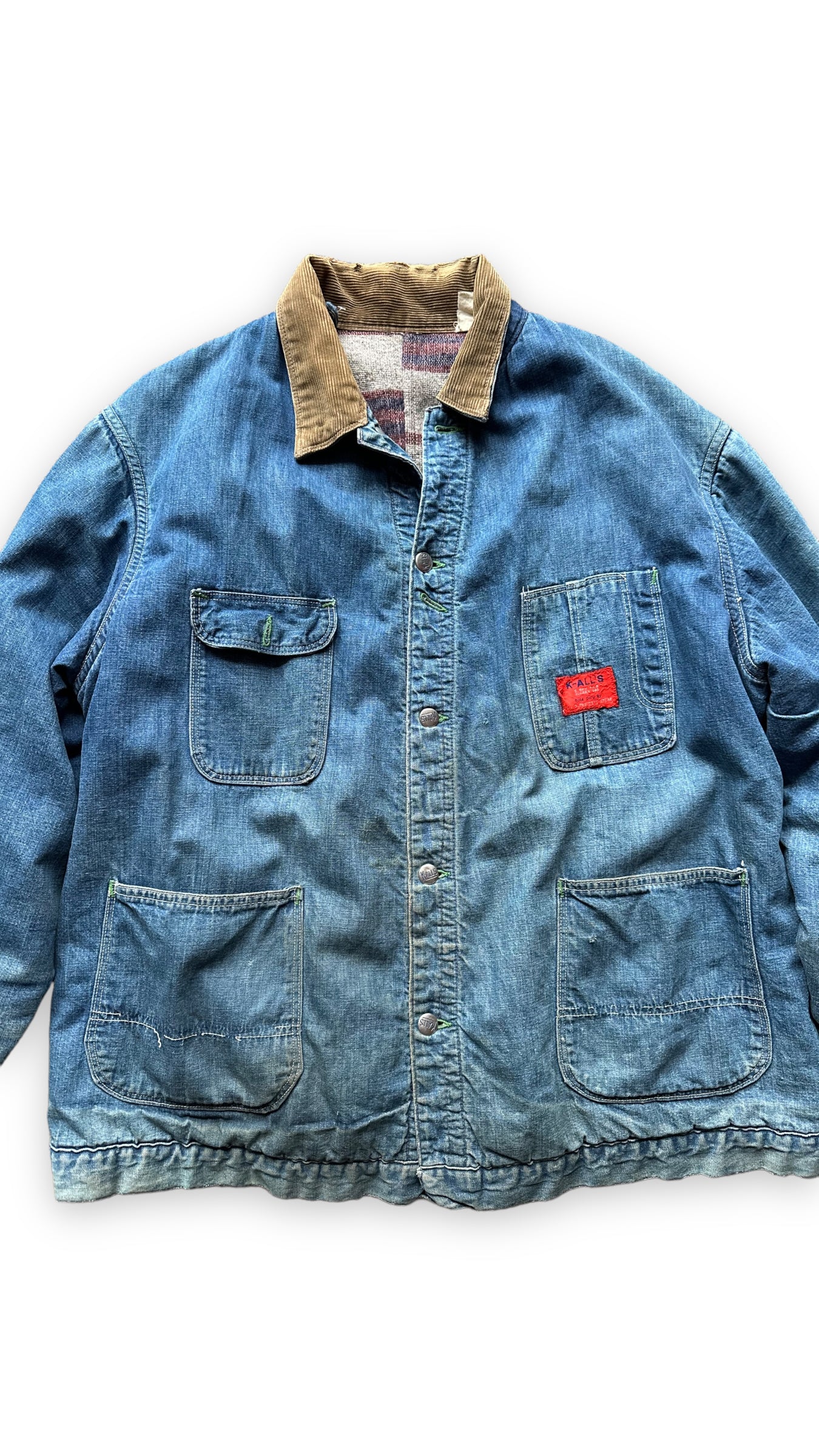 Front Chest View on Vintage K-Alls Brand Blanket Lined Denim Chore Jacket SZ XL | Seattle Vintage Workwear | Barn Owl Vintage