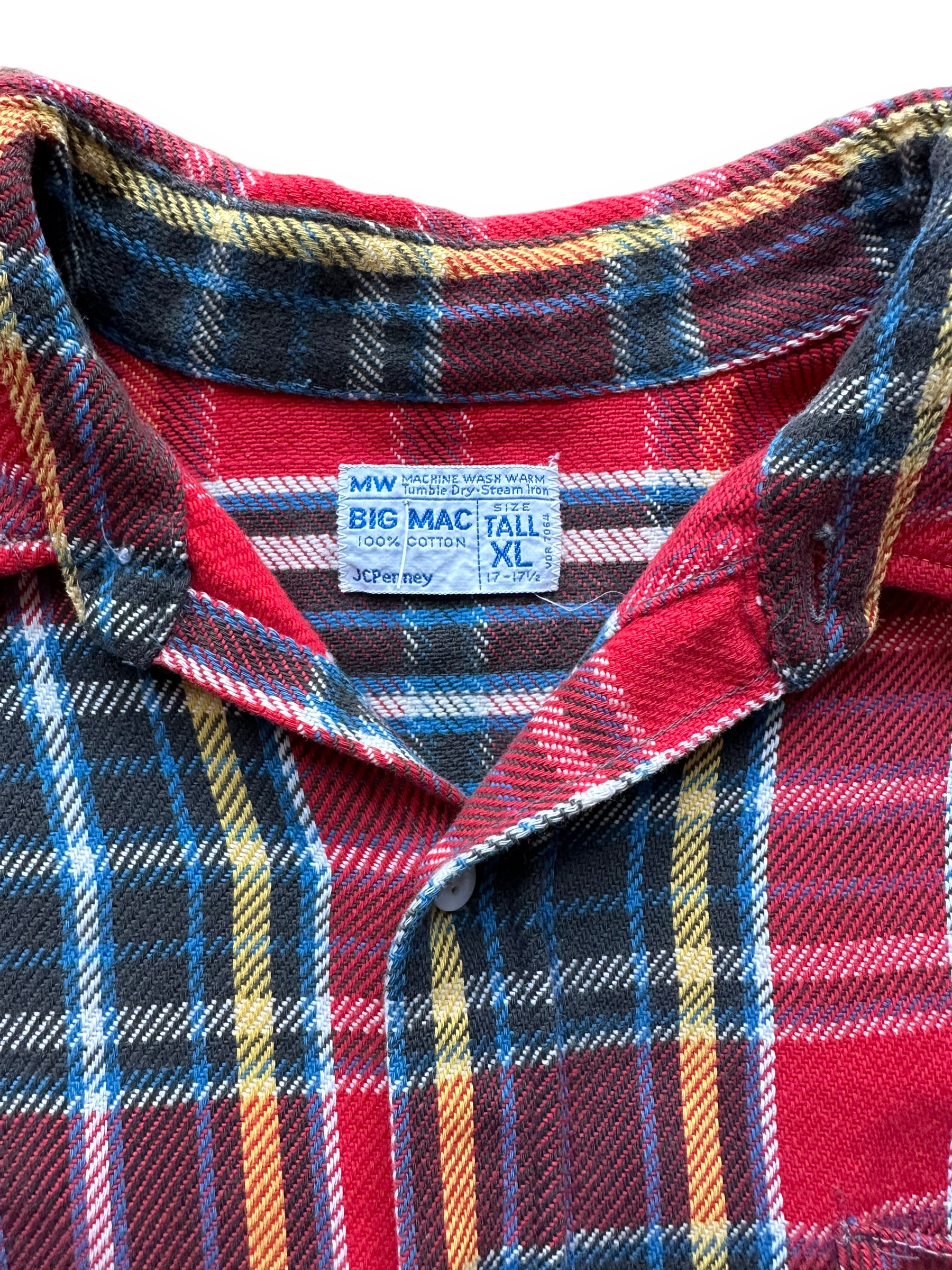 Tag View on Vintage Red Blue & Yellow Big Mac Cotton Flannel SZ XL Tall | Barn Owl Vintage Seattle | Vintage Cotton Flannel Seattle