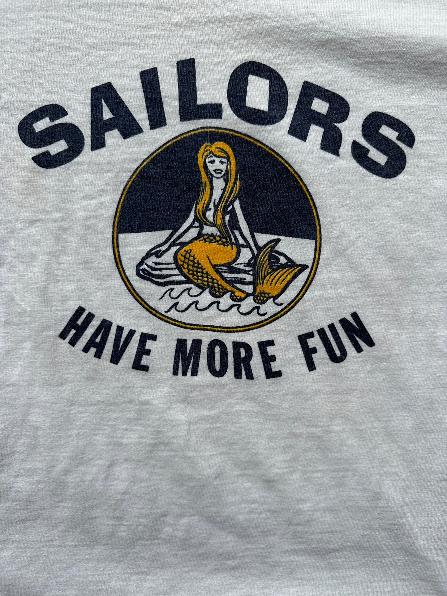 Front Detail Close Up of Vintage Sailors Have More Fun Ringer Tee SZ M | Vintage T-Shirts Seattle | Barn Owl Vintage Tees Seattle