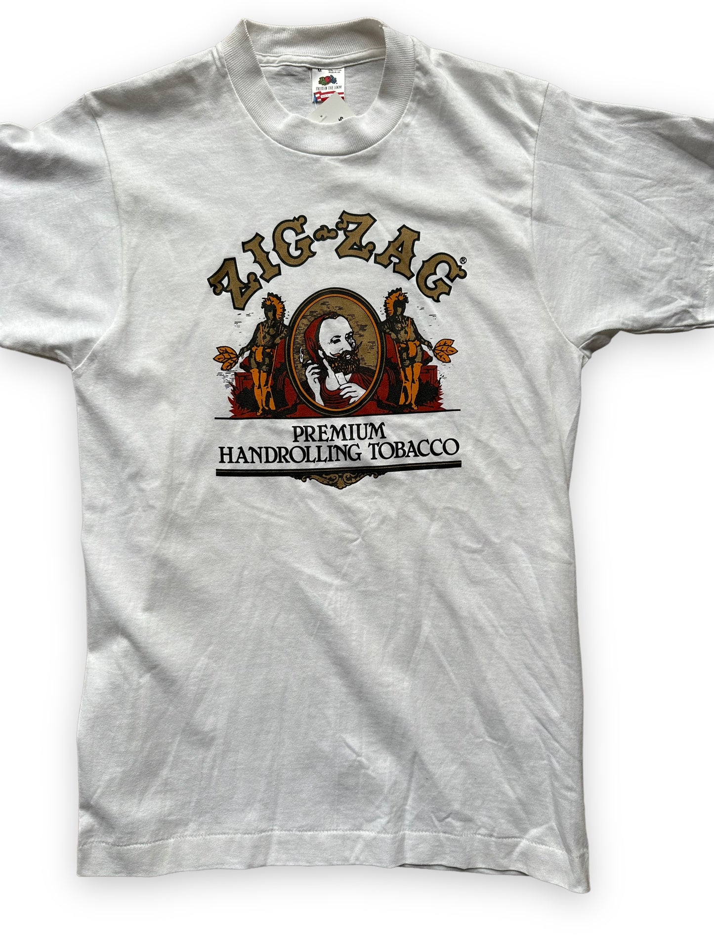 Front Graphic on Vintage White Zig-Zag Premium Hand-Rolling Tobacco Tee SZ M | Vintage Weed Tees Seattle | Barn Owl Vintage