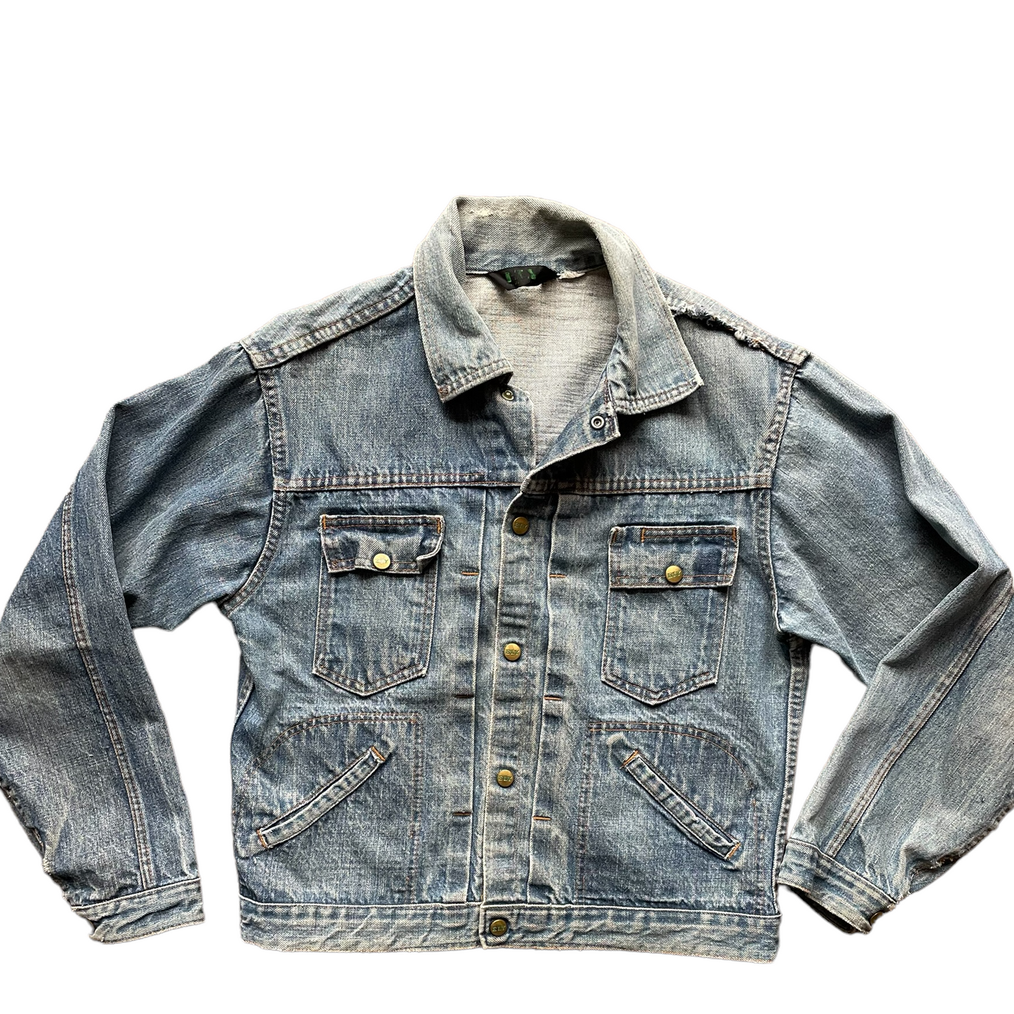 Full front view of Vintage 60's Type 2 Pleated Ely Denim Jacket SZ Med | Barn Owl Vintage| Seattle True Vintage