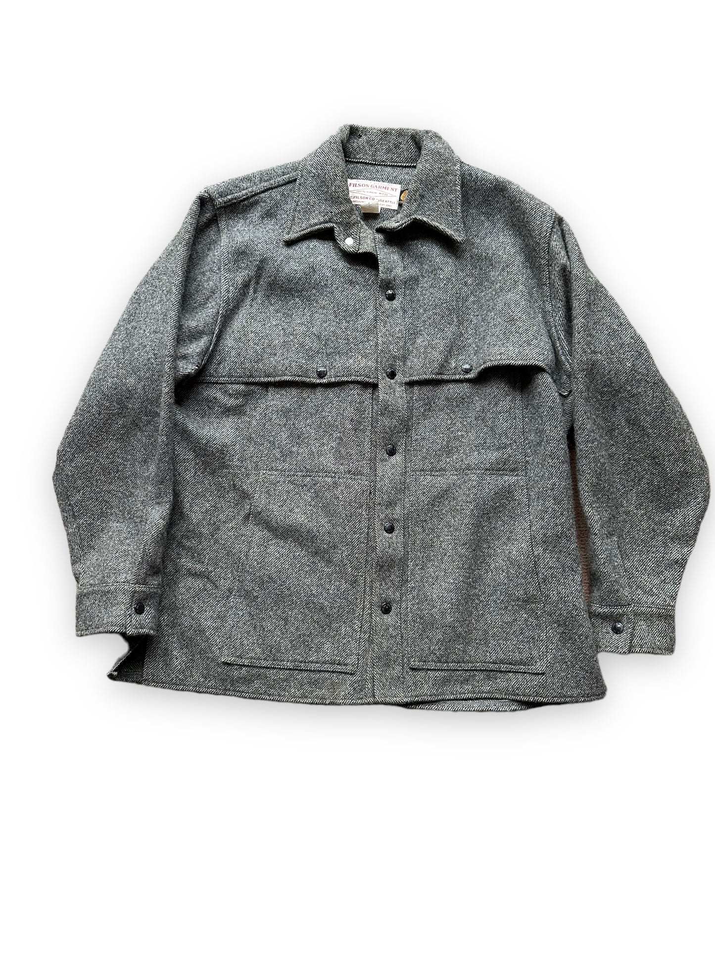 Front View of Vintage Filson Grey Herringbone Cape Coat SZ Large  |  Barn Owl Vintage Goods | Vintage Wool Workwear Seattle