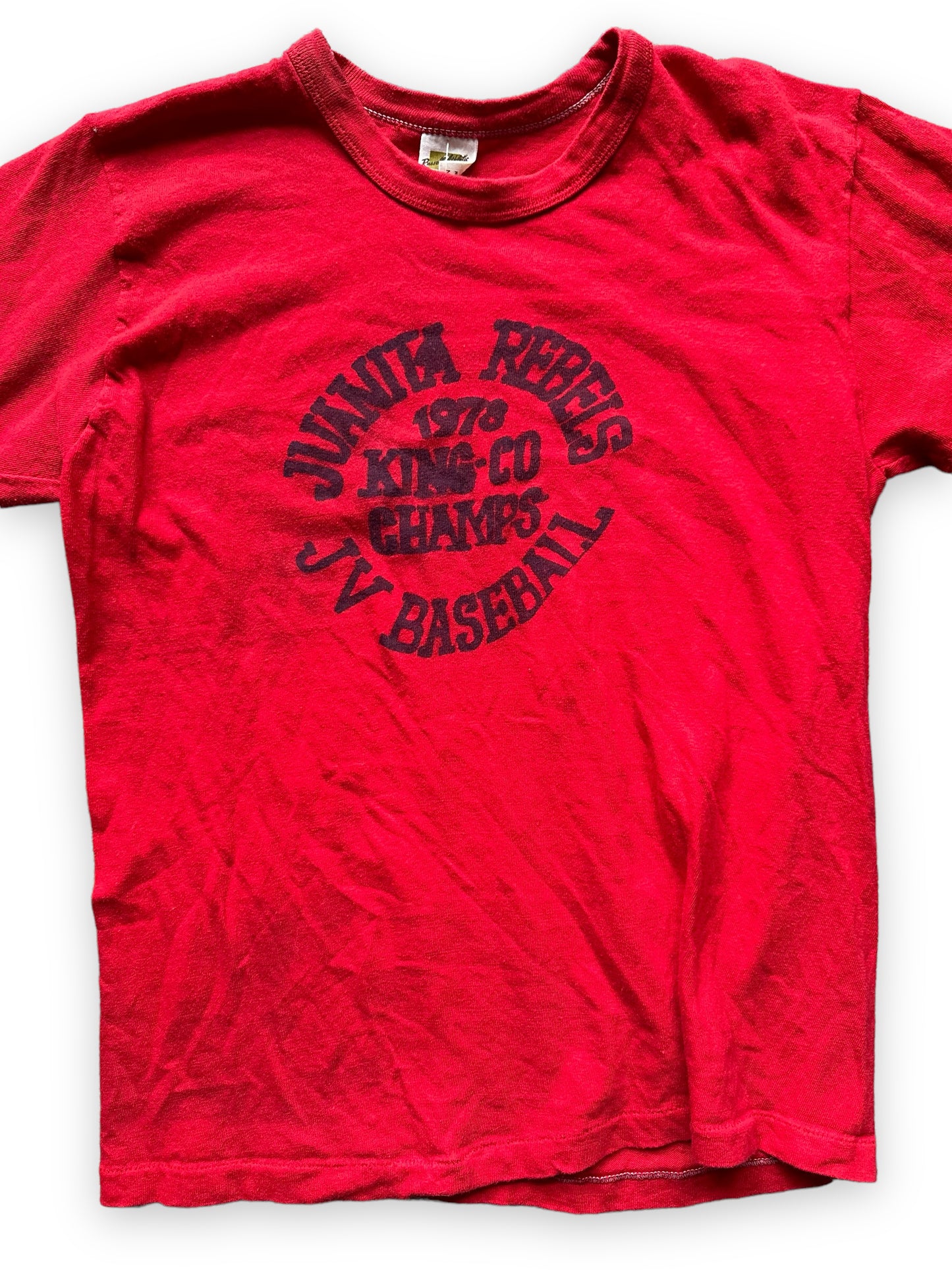 Front Detail on Vintage Juanita Rebels Baseball Tee | King County Champs 1978 Tee |  Barn Owl Vintage Seattle