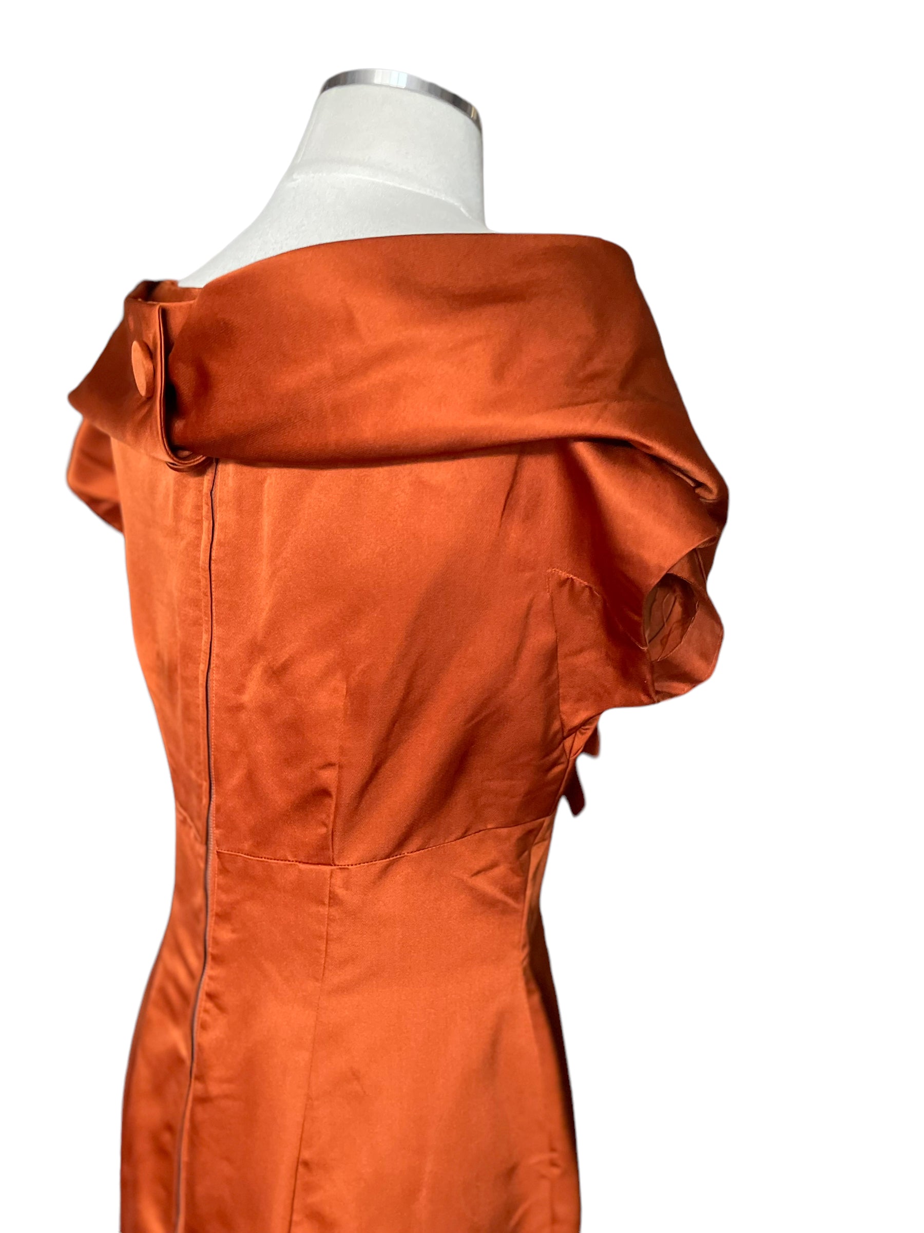 Right side collar view of Vintage 1950s Burnt Orange Silk Dress SZ M