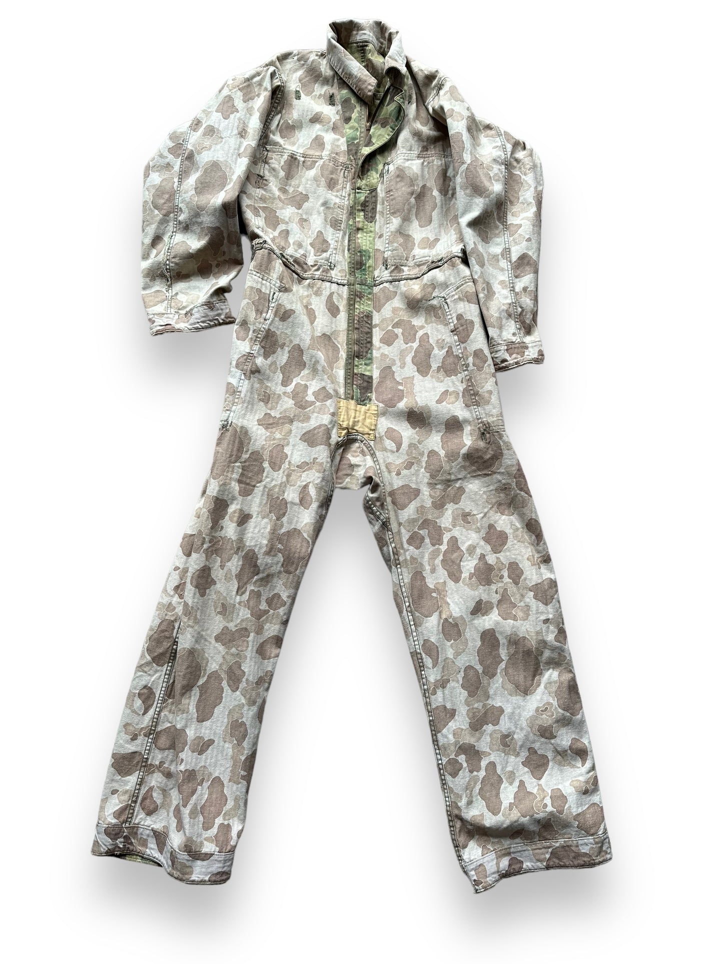Front Inside Out View of Vintage M-4395 HBT Frogskin Camo Coveralls SZ M | Vintage Frog Skin Camo Pants Seattle | Barn Owl Vintage Workwear