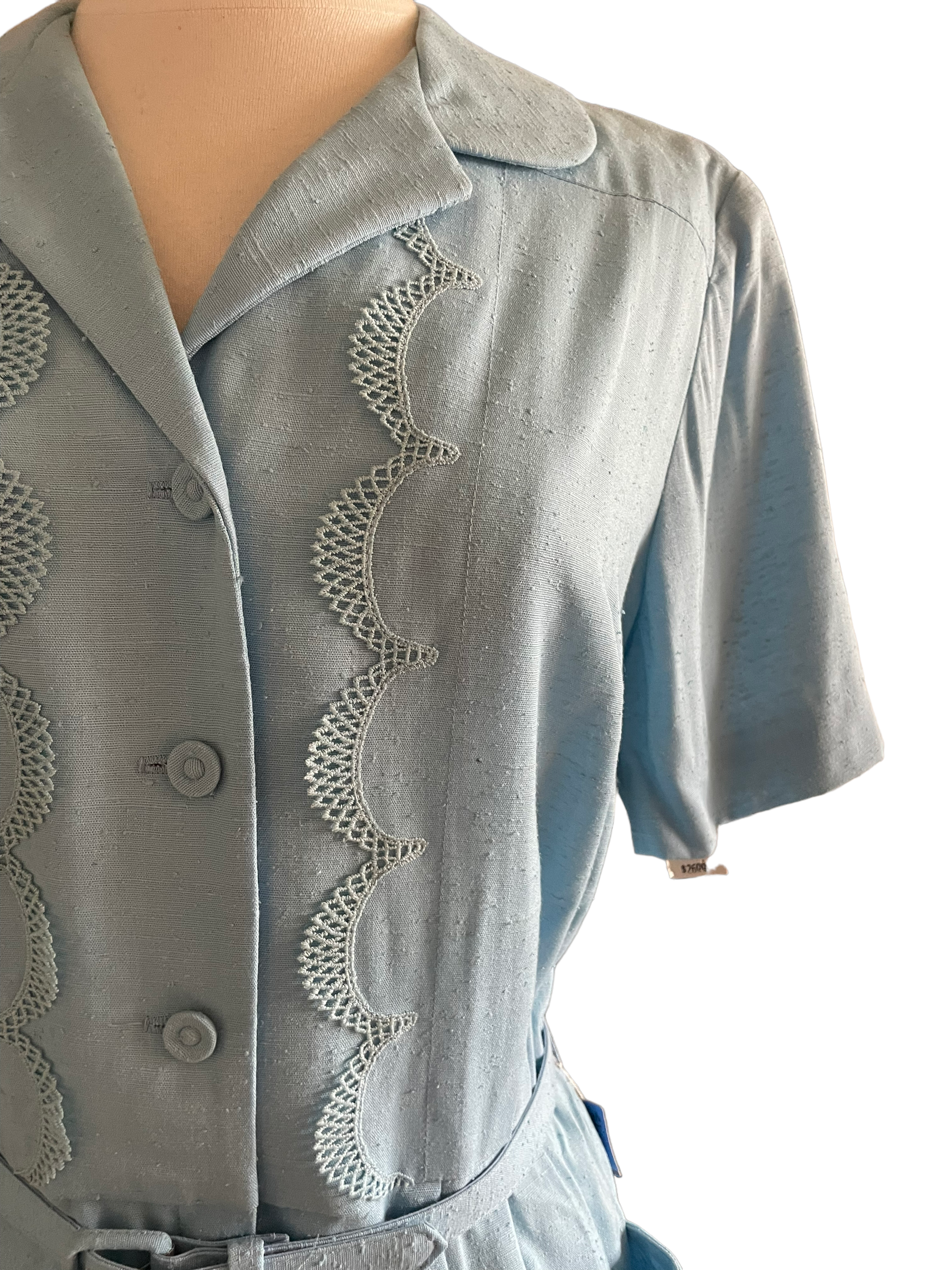 Vintage 1950s Deadstock Lordleigh Light Blue Silk and Rayon Dress SZ M|  Barn Owl Vintage | Seattle Vintage Dresses left shoulder view. 
