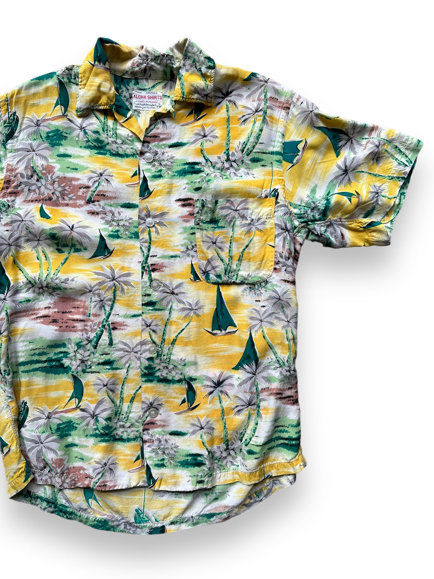 Front Left View of Vintage Yellow Aloha Rayon Shirt SZ S | Seattle Vintage Rayon Hawaiian Shirt | Barn Owl Vintage Clothing Seattle