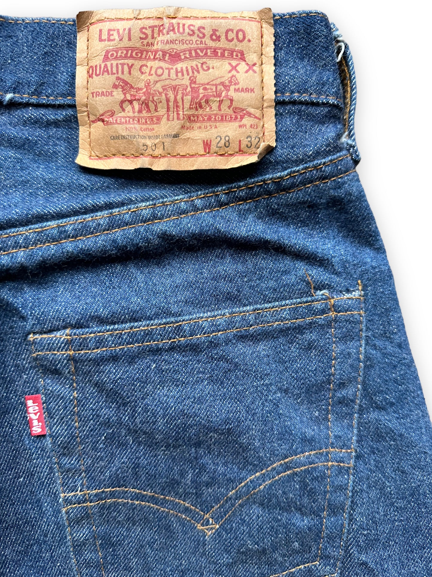 Rear Patch on Vintage Double Stitch Levis 501 Redlines W28 L29 | Vintage Redlines Seattle | Barn Owl Vintage Workwear