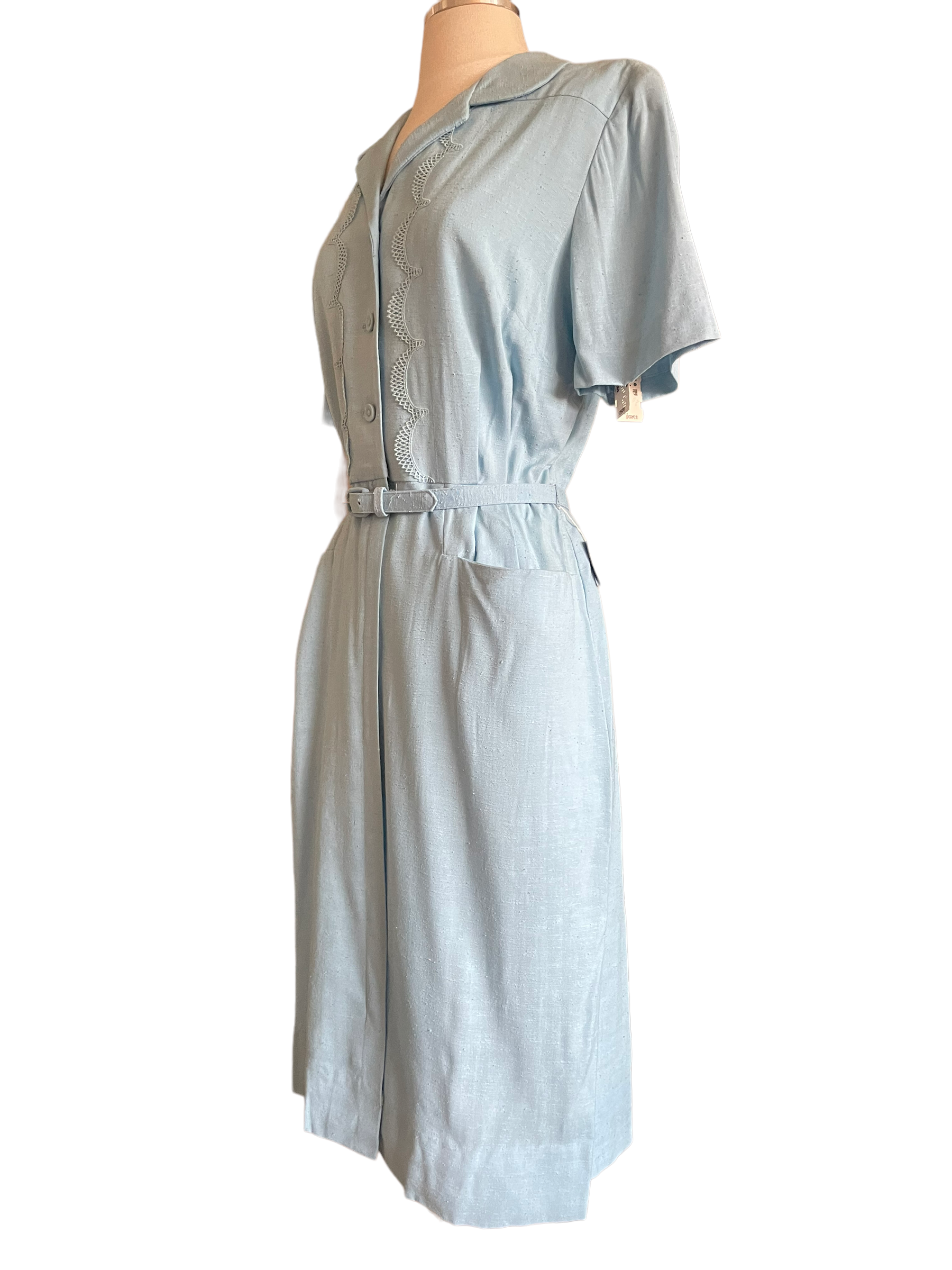 Vintage 1950s Deadstock Lordleigh Light Blue Silk and Rayon Dress SZ M|  Barn Owl Vintage | Seattle Vintage Dresses Front left side view.