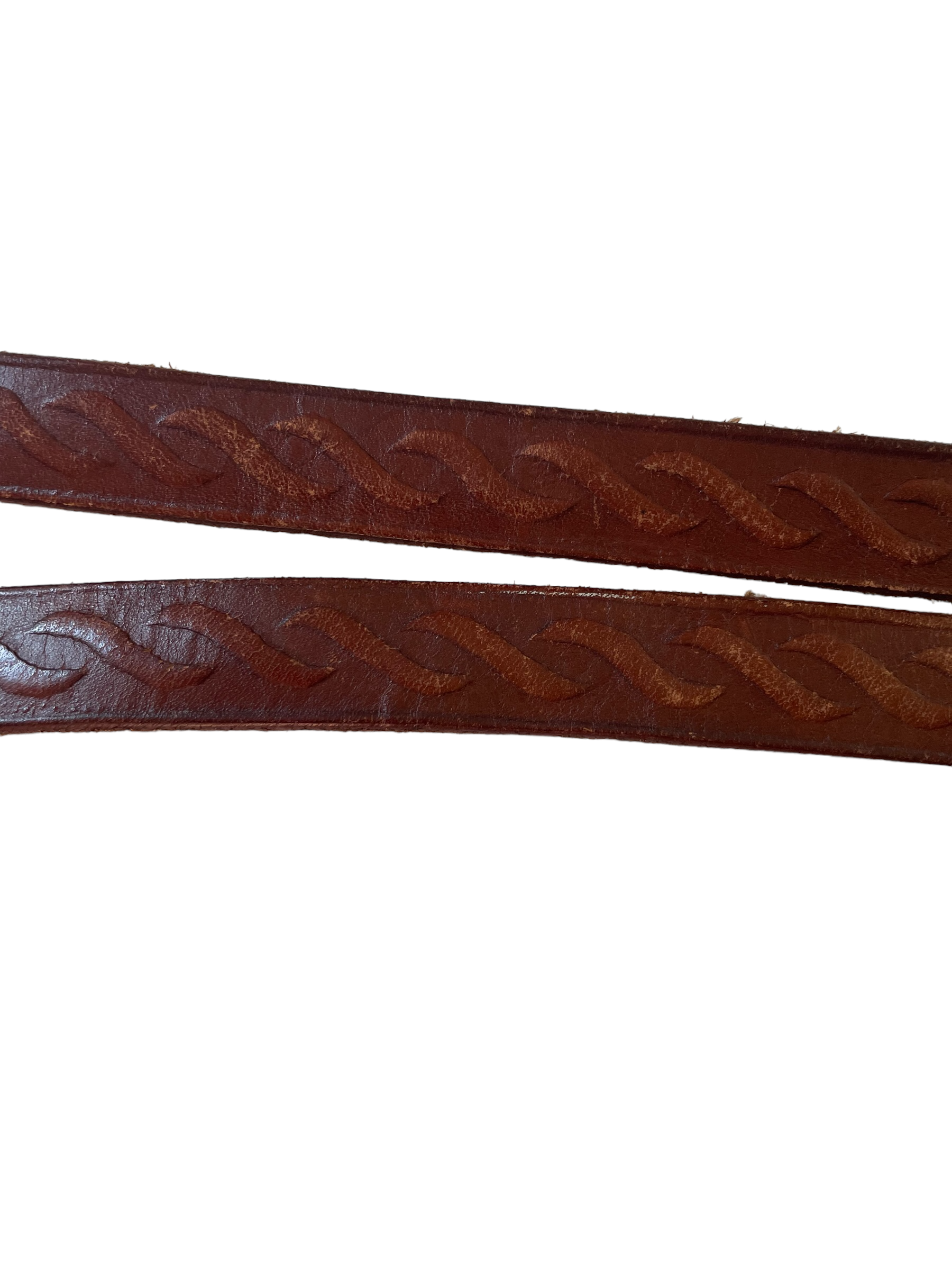 Vintage 1980s Tooled Leather Belt View of tooled leather.