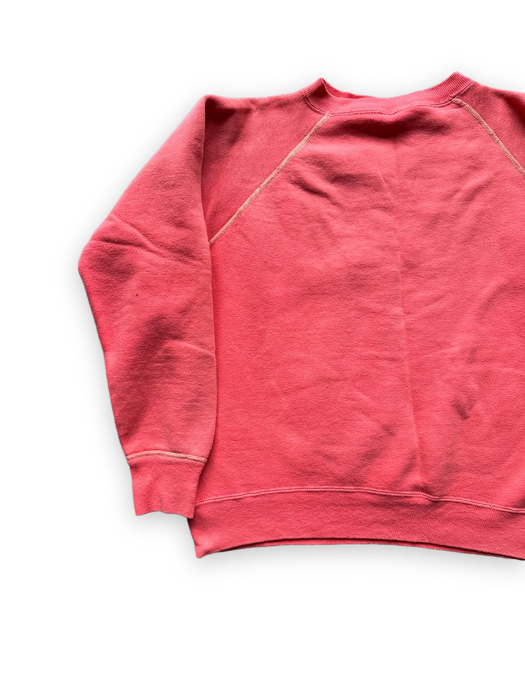 Front Right Side View of Vintage Faded Red Crewneck Sweatshirt | Vintage Crewneck Sweatshirt Seattle | Barn Owl Vintage Clothing