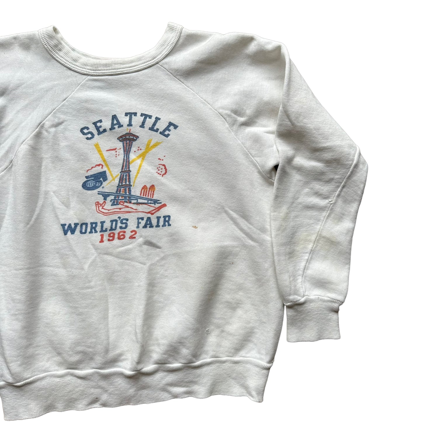 Front Left Side View on Vintage Seattle World's Fair 1962 White Crewneck SZ S |  Vintage Sweatshirts Seattle |  Barn Owl Vintage