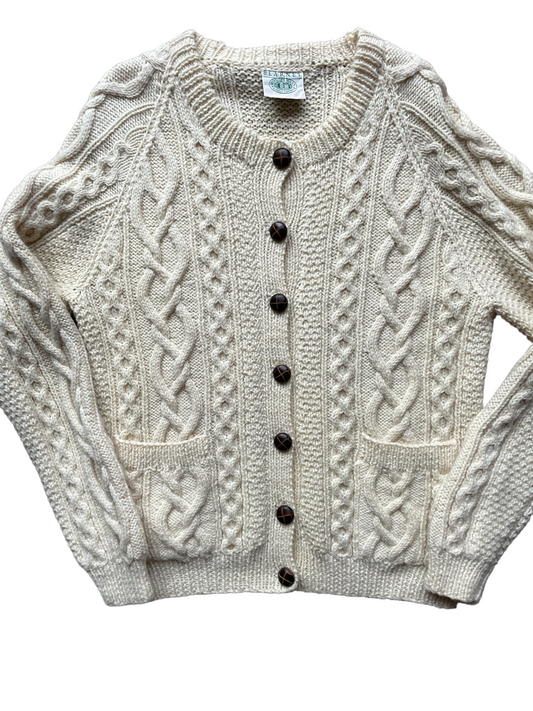 Full front flat lay view ofVintage 1980s Blarney Mills Aran Cardigan | Barn Owl Vintage | Seattle Vintage Sweaters