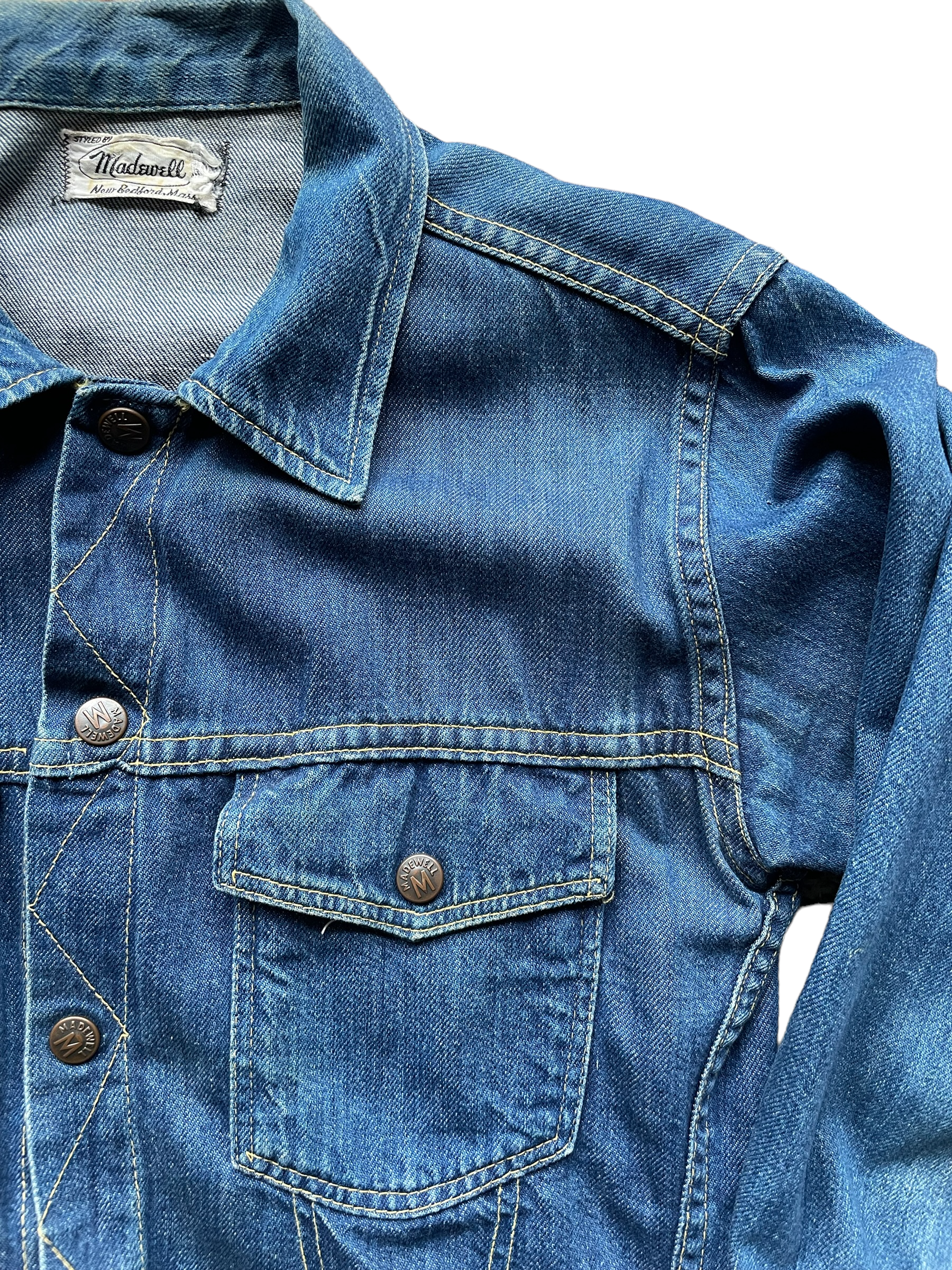 Upper Left Front Shoulder View of Vintage Madewell Selvedge Denim Jacket | Barn Owl Vintage | Seattle Vintage Workwear Clothing