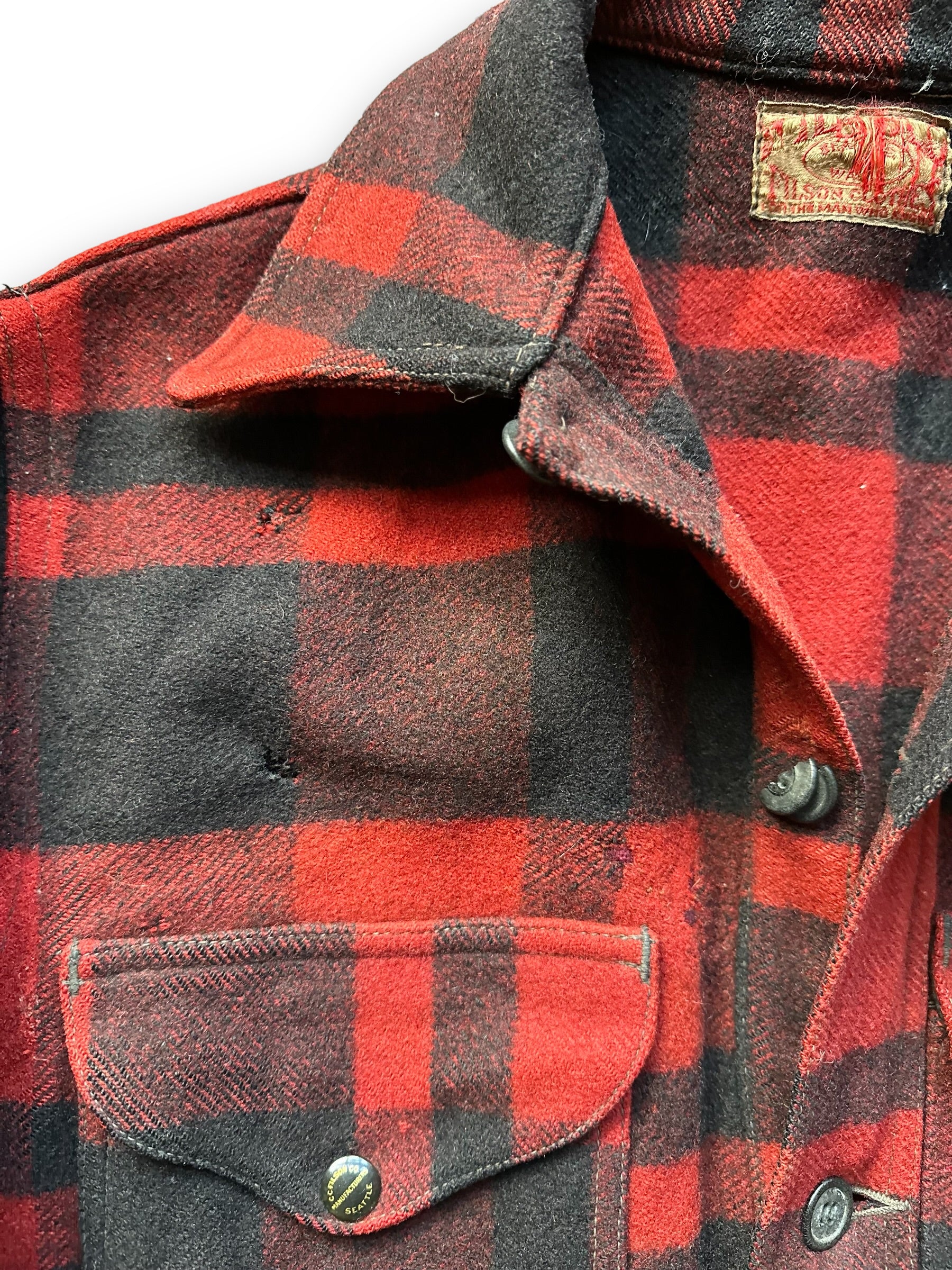 Front Right Chest Blemishes on Vintage 1930s Era FilClo Filson Mackinaw Cruiser |  FilClo Vintage Workwear | Barn Owl Vintage Seattle