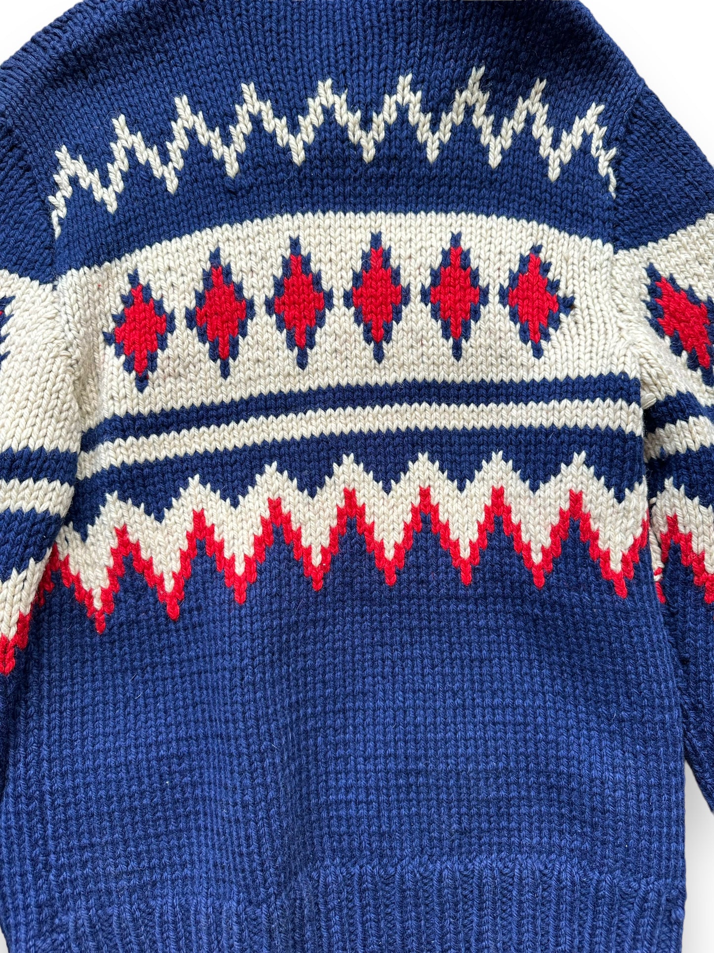 Rear Detail Close Up on Vintage Cowichan Style Blue & Red Sweater SZ M  |  Barn Owl Vintage | Seattle Vintage Sweaters