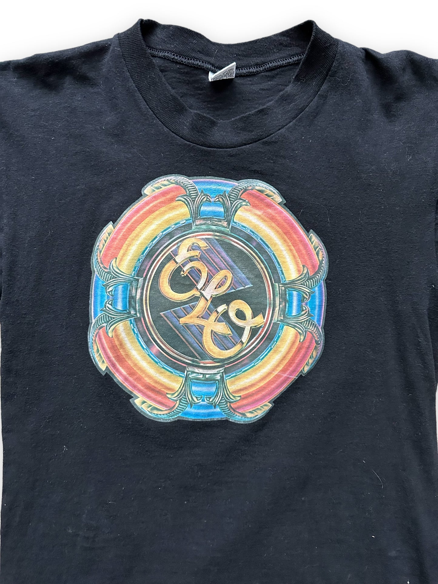 Close Up Front Detail on Vintage Electric Light Orchestra A New World Record Promotional Tee SZ M  |  Vintage Jeff Lynne ELO Tee | Barn Owl Vintage Clothing Seattle