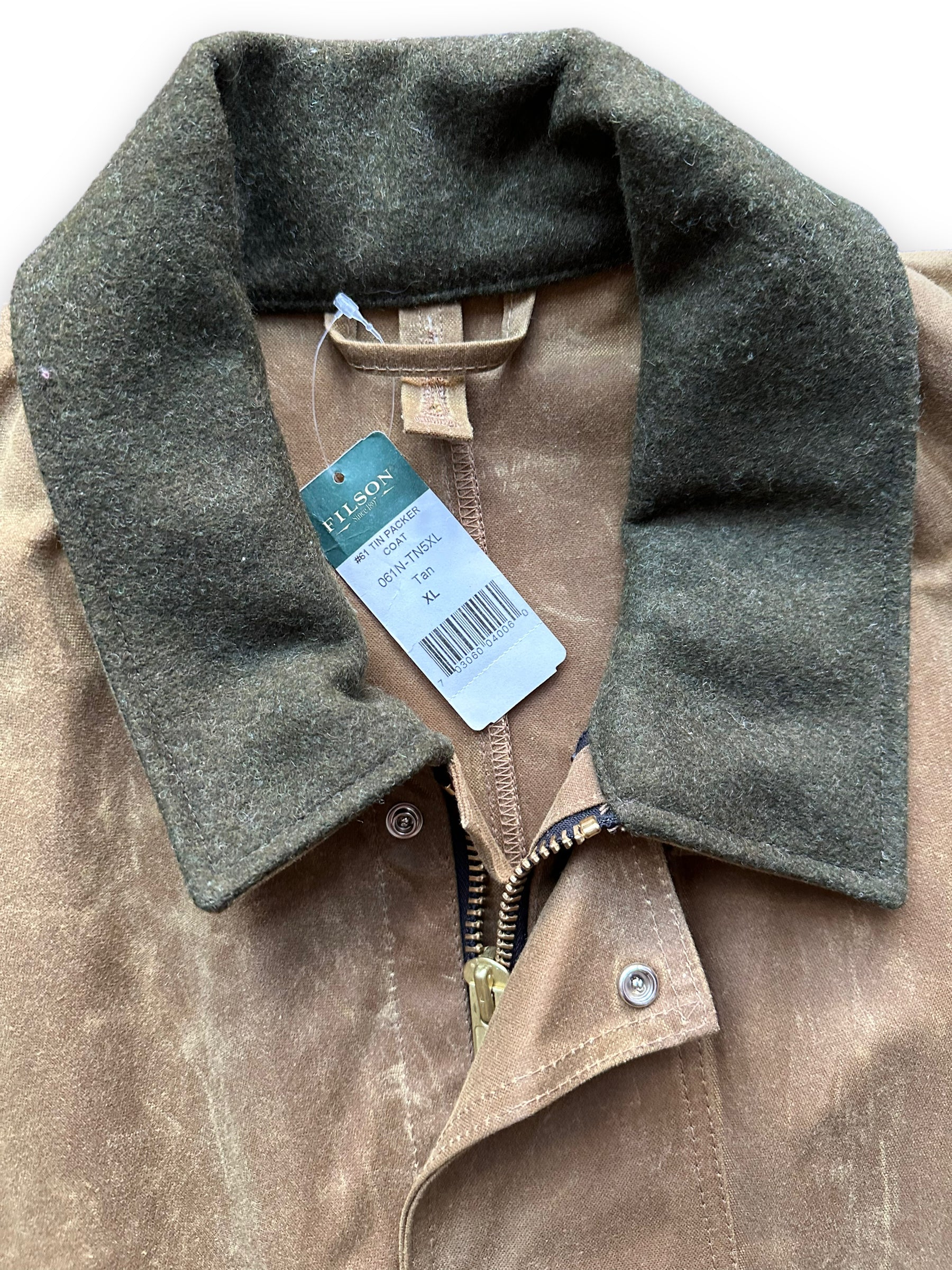 Tag View of NWT Filson Tin Packer Coat SZ XL |  Barn Owl Vintage Goods Filson | Vintage Filson Tin Cloth Workwear Seattle