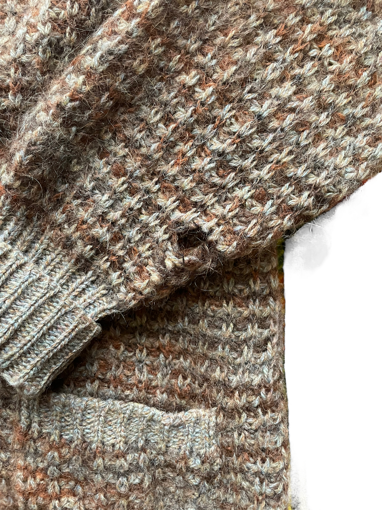 Vintage 1960s Shetland Wool Grampa Cardigan |  Barn Owl Vintage | Seattle Vintage Sweaters Close up of hole on left sleeve.