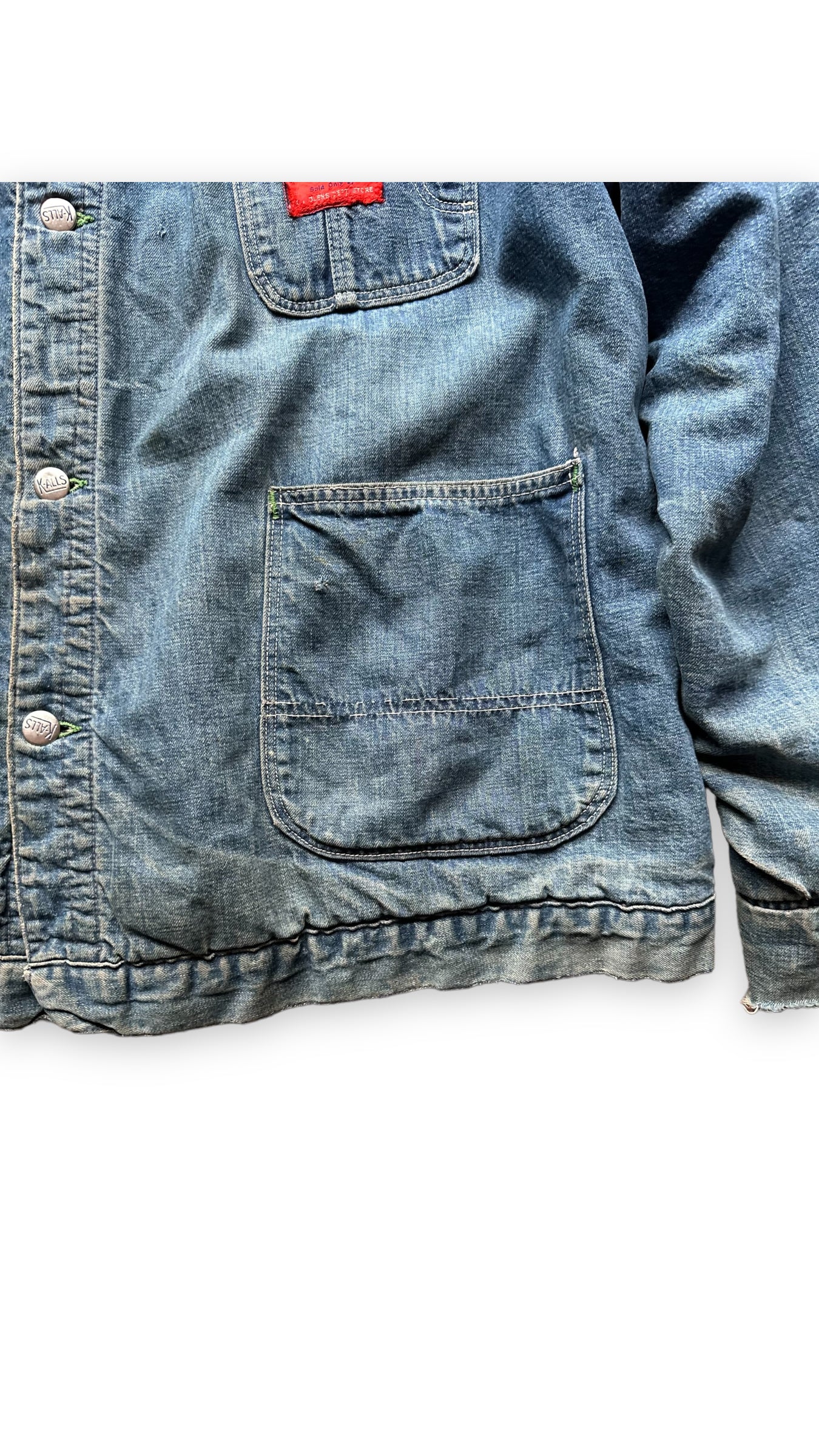 Lower Left Front View on Vintage K-Alls Brand Blanket Lined Denim Chore Jacket SZ XL | Seattle Vintage Workwear | Barn Owl Vintage