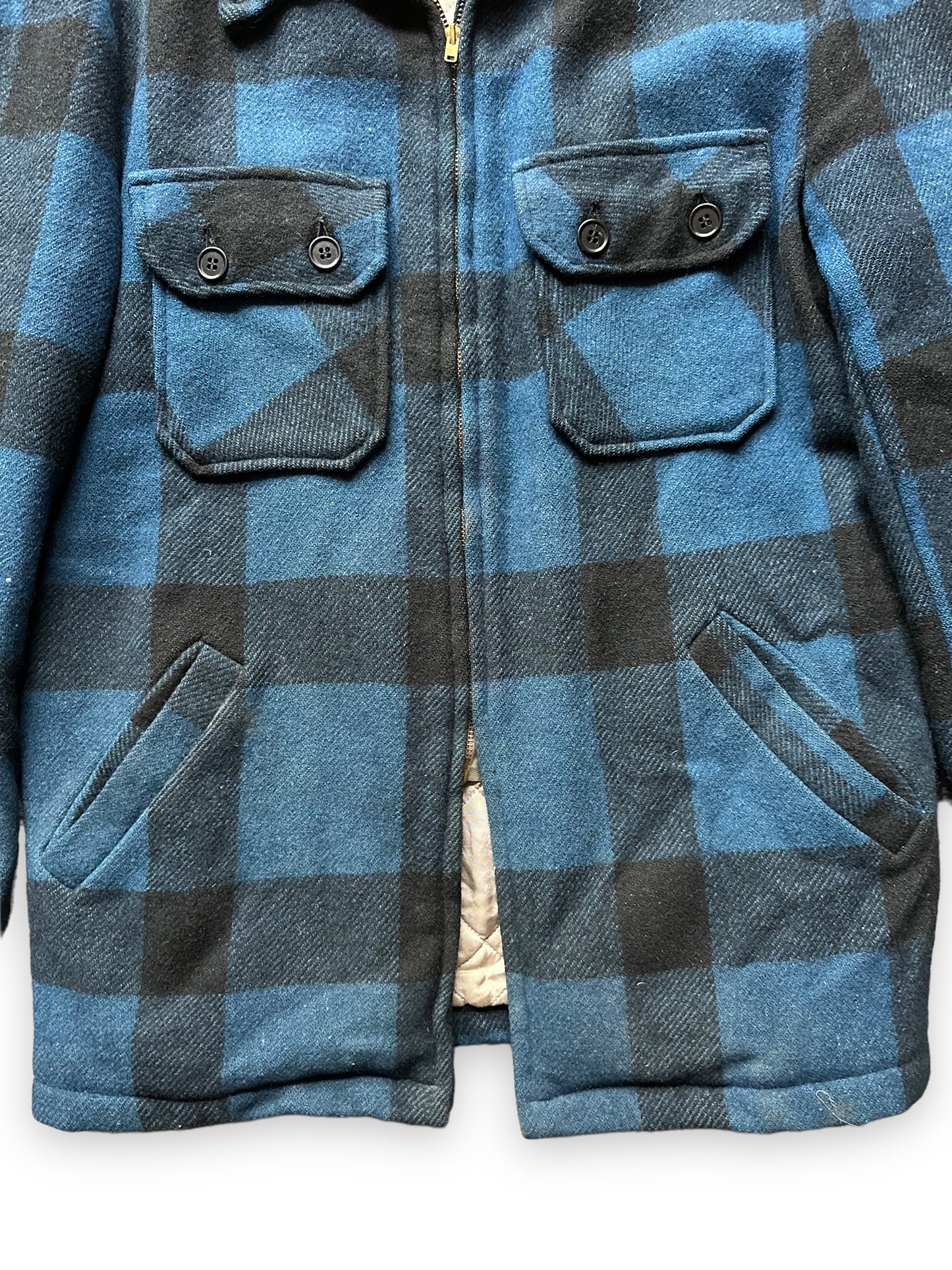 Lower Front View of Vintage Black Bear Cobalt Blue and Black Wool Coat SZ L  |  Vintage Workwear Seattle | Barn Owl Vintage Seattle