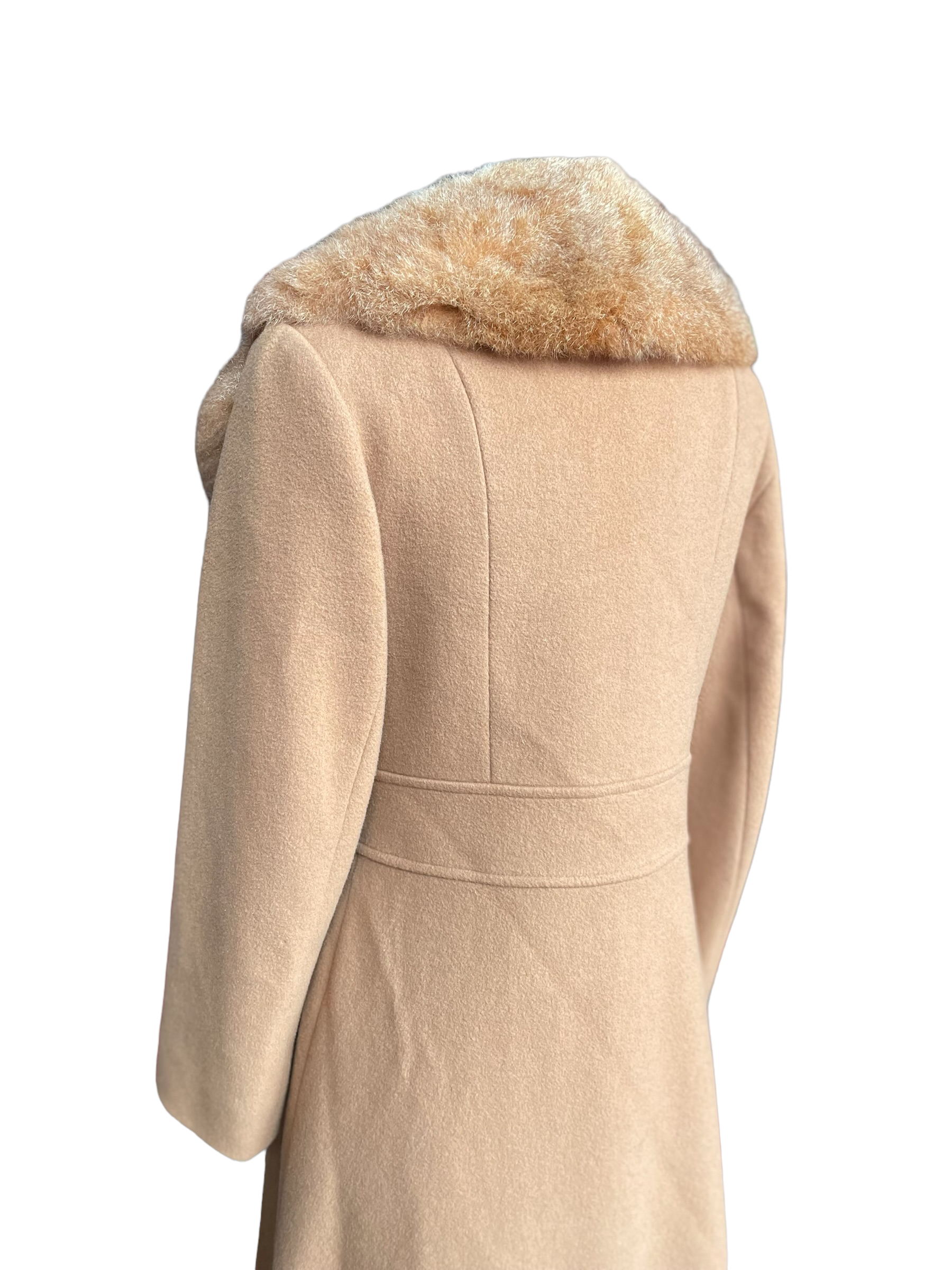 Rear left shoulder angle of Vintage 1960s Fashionbilt Wool Coat with Fur Collar | Barn Owl Vintage | Seattle True Vintage