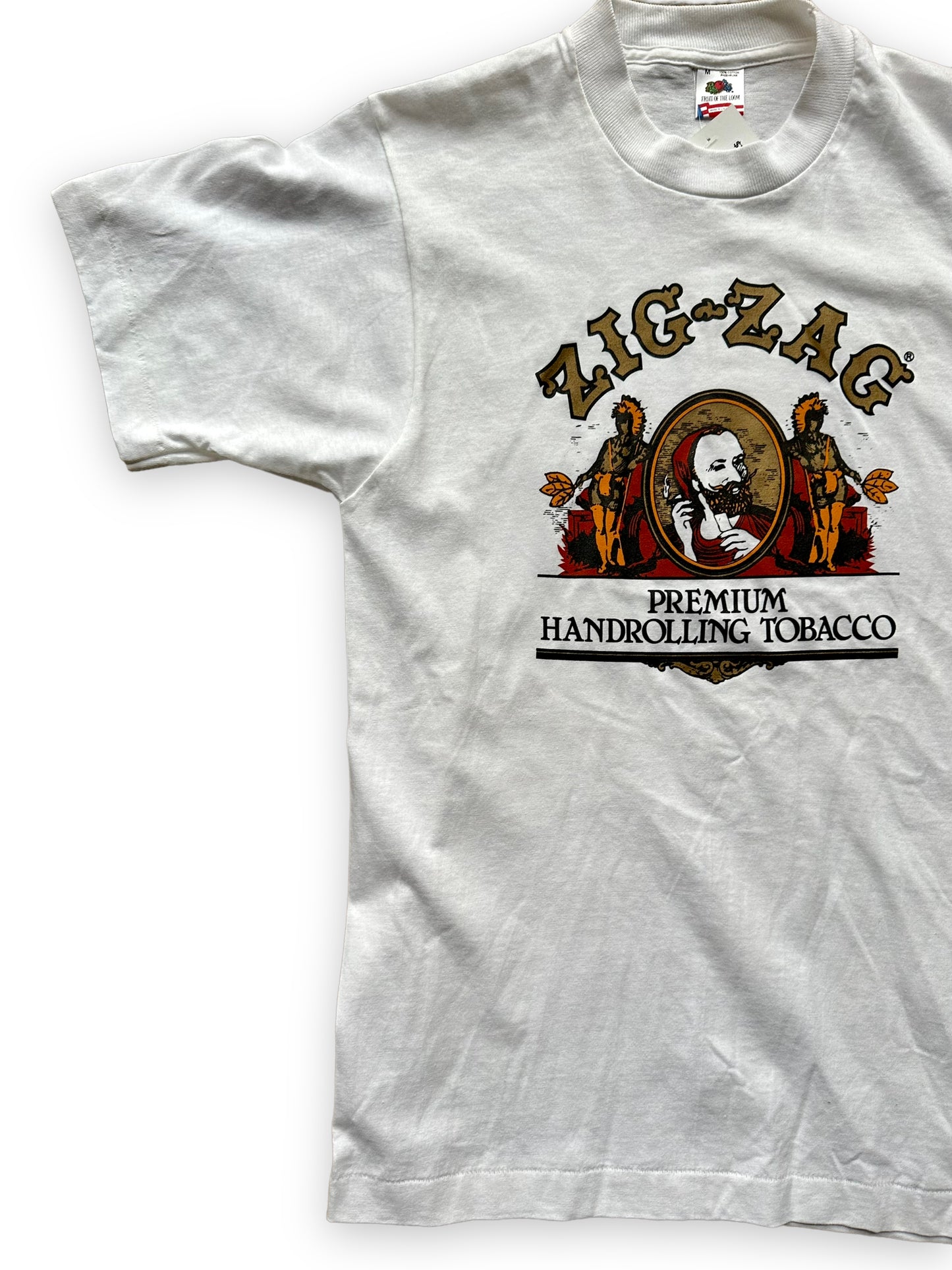 Front Right View of Vintage White Zig-Zag Premium Hand-Rolling Tobacco Tee SZ M | Vintage Weed Tees Seattle | Barn Owl Vintage