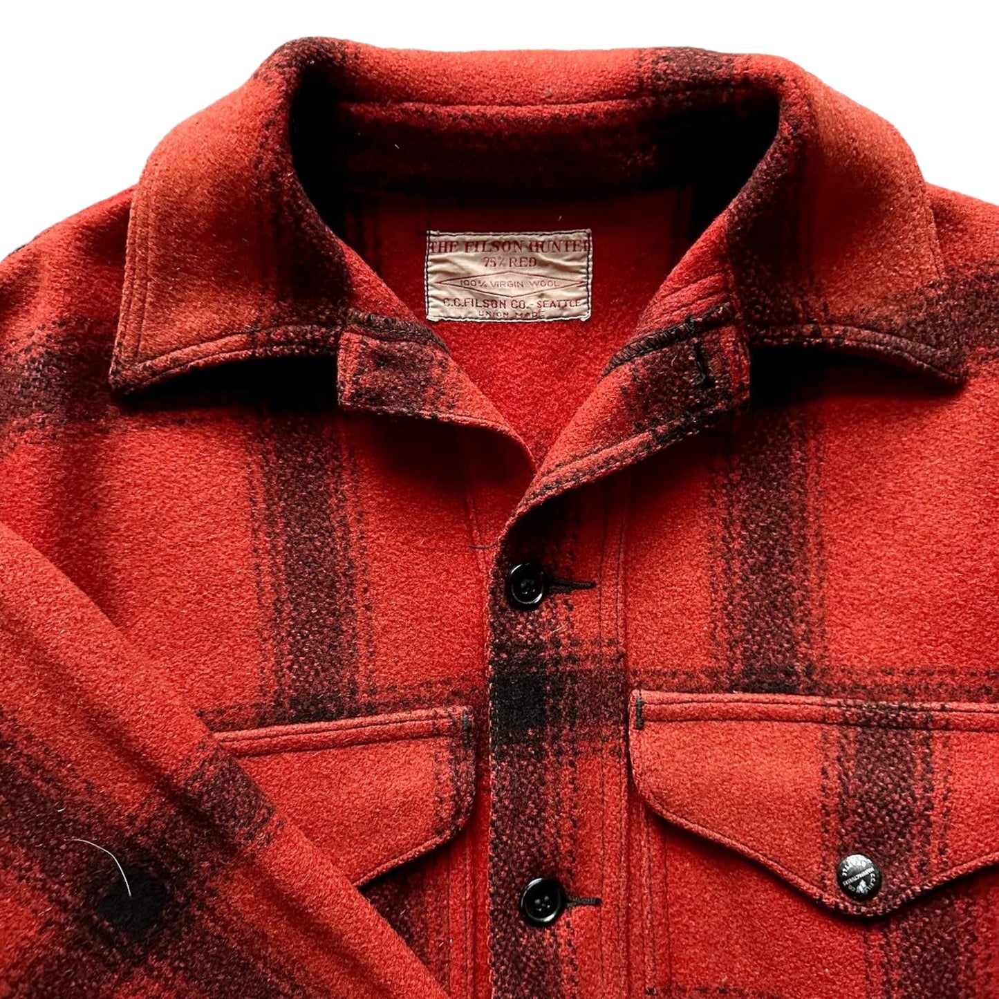 Upper Chest View on Vintage 75% Red Filson Hunter Wool Jacket SZ 42 |  Vintage Workwear Seattle