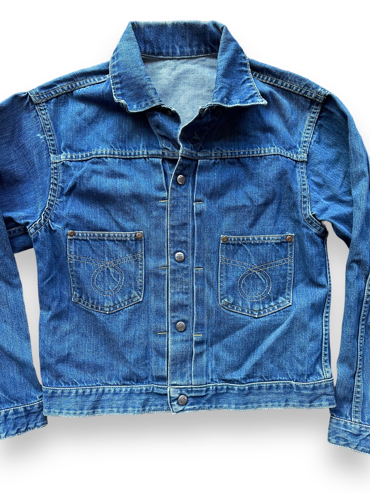Front Detail on Vintage Montgomery Ward 101 Selvedge Denim Jacket SZ S | Vintage Jean Jacket Seattle | Seattle Vintage Denim