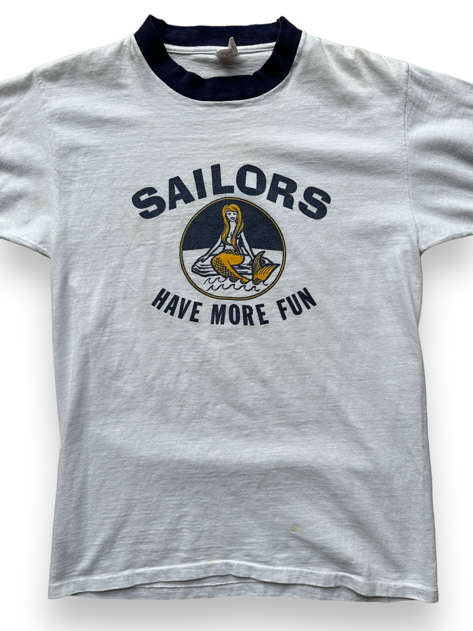 Front Detail on Vintage Sailors Have More Fun Ringer Tee SZ M | Vintage T-Shirts Seattle | Barn Owl Vintage Tees Seattle