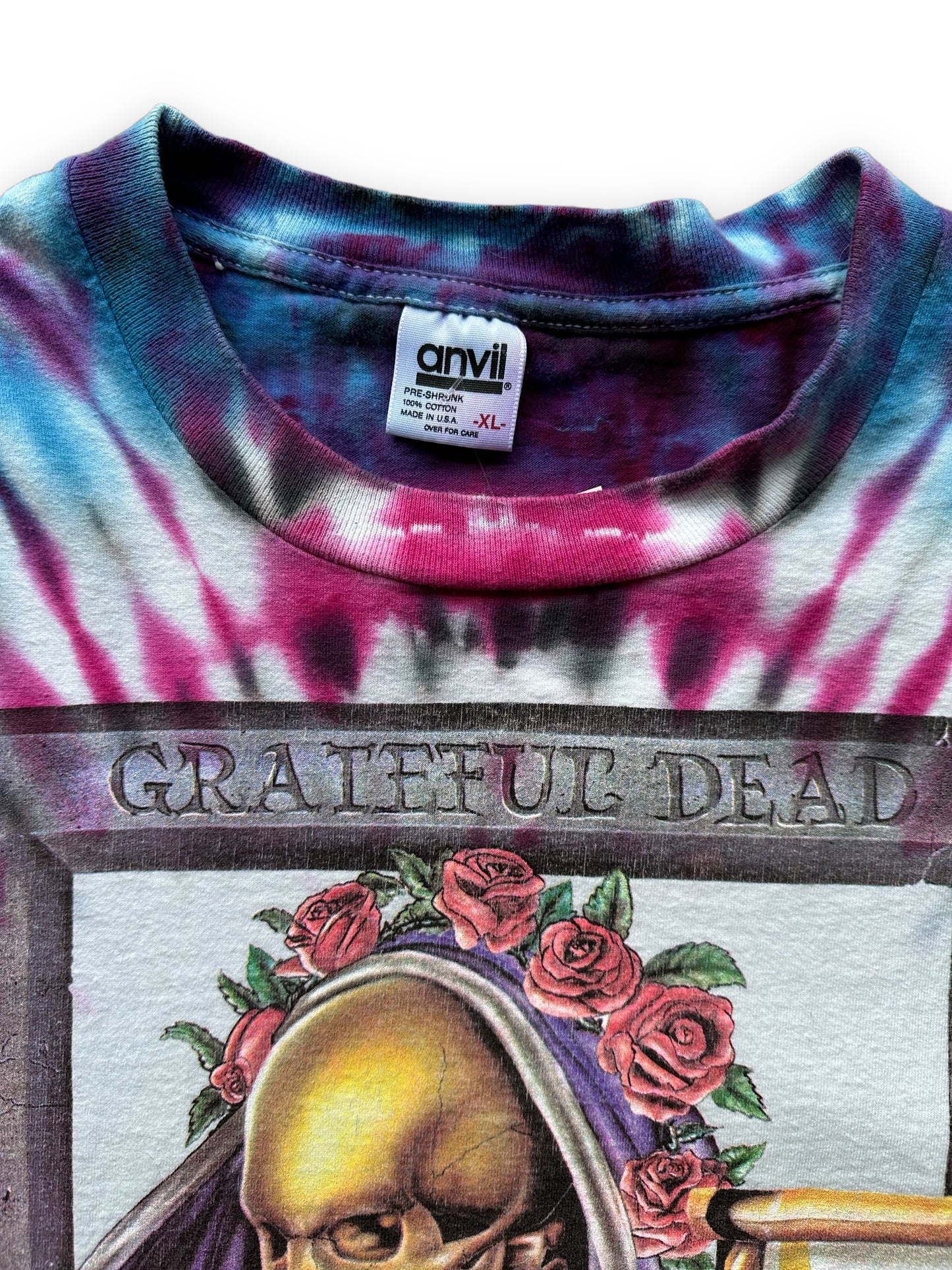 Tag View on Vintage Single Stitch Grateful Dead 1992 NYE Tie Dye Tee SZ XL |  Vintage Grateful Dead Tee Seattle | Barn Owl Vintage