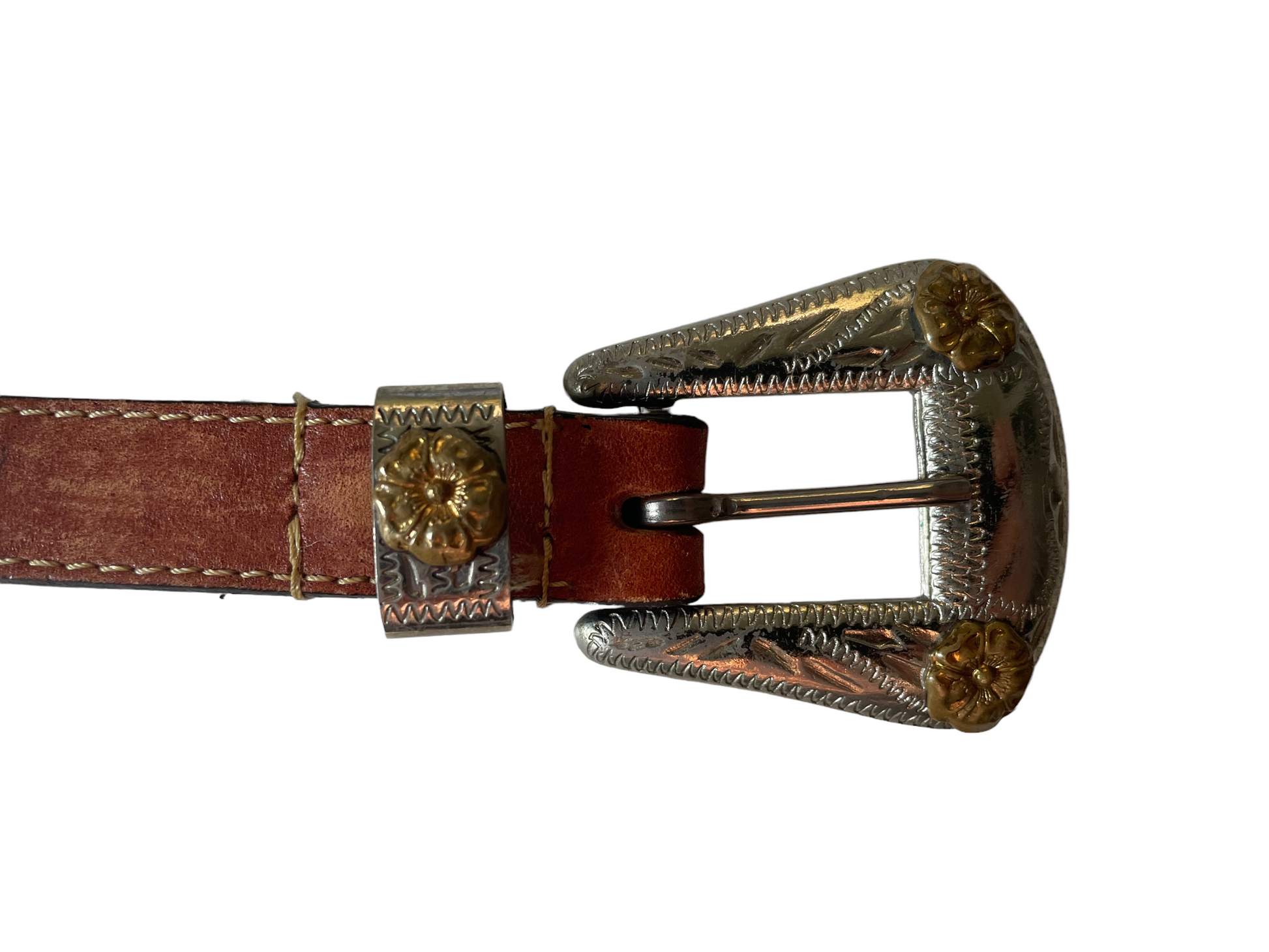 Vintage Leather Belt with Western Buckle Front view of buckle and keeper.